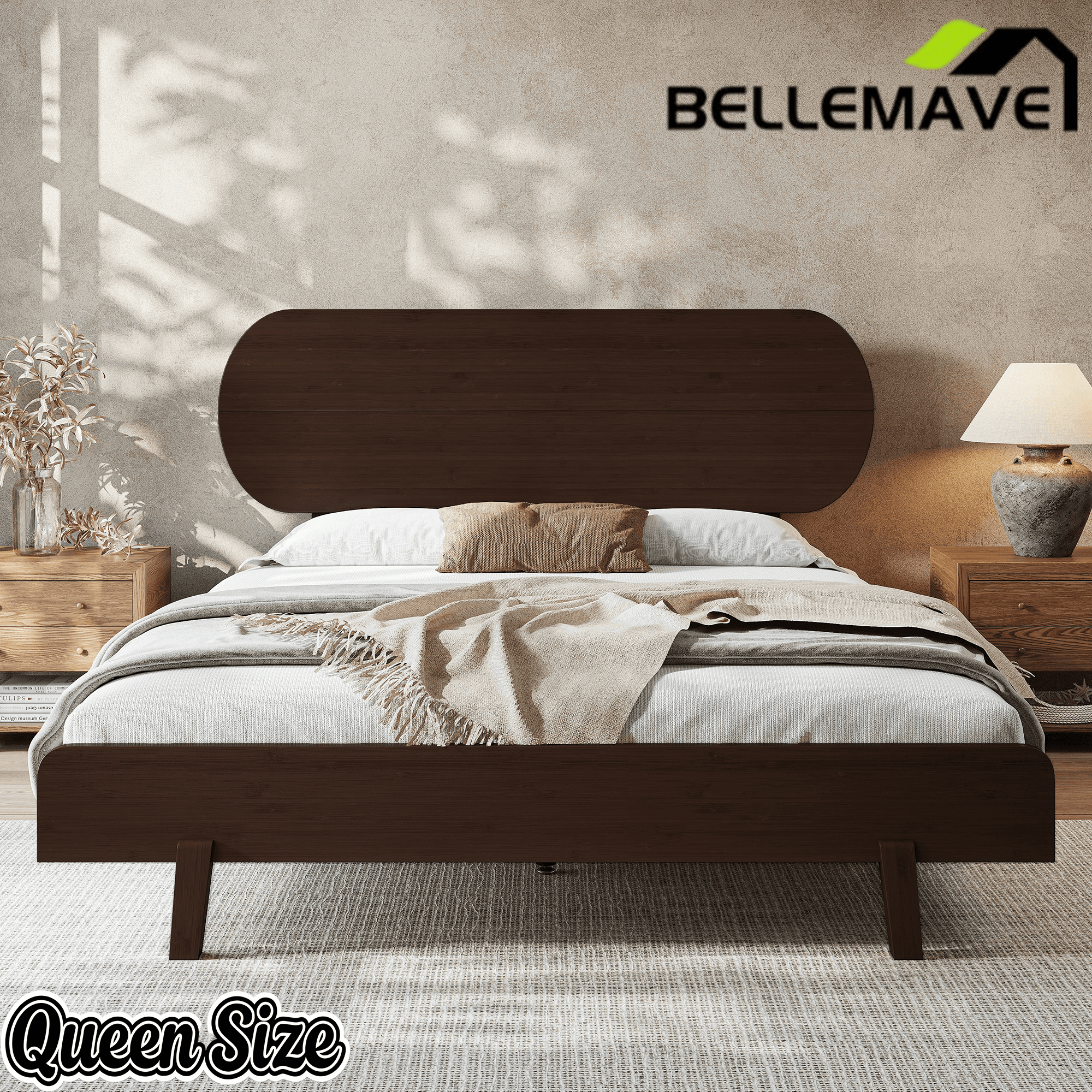 Bellemave® Bamboo Bed Frame with Headboard,Bamboo Platform Bed Frame with Rounded Headboard and Wood Slats,Easy Assembly - Bellemave
