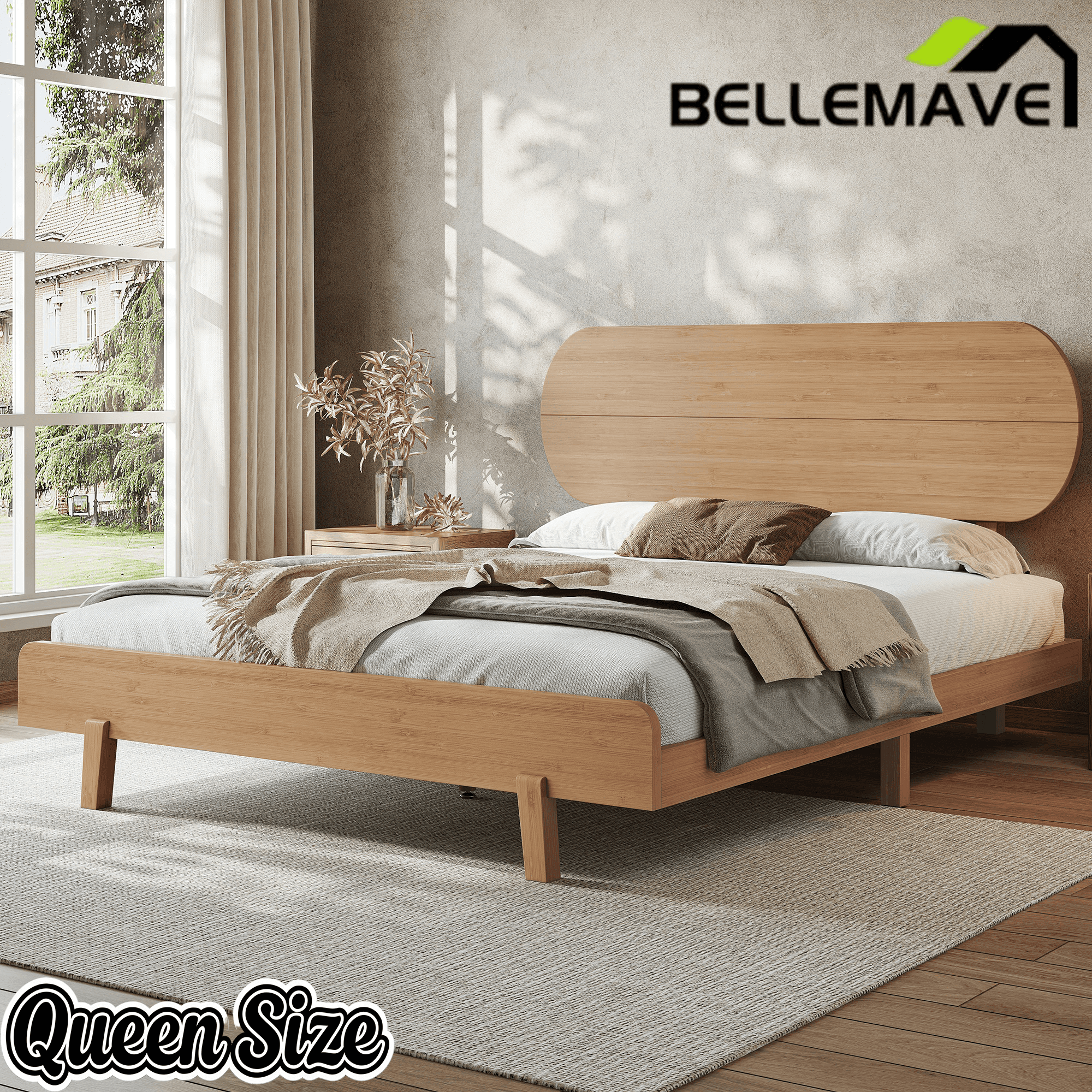 Bellemave® Bamboo Bed Frame with Headboard,Bamboo Platform Bed Frame with Rounded Headboard and Wood Slats,Easy Assembly - Bellemave