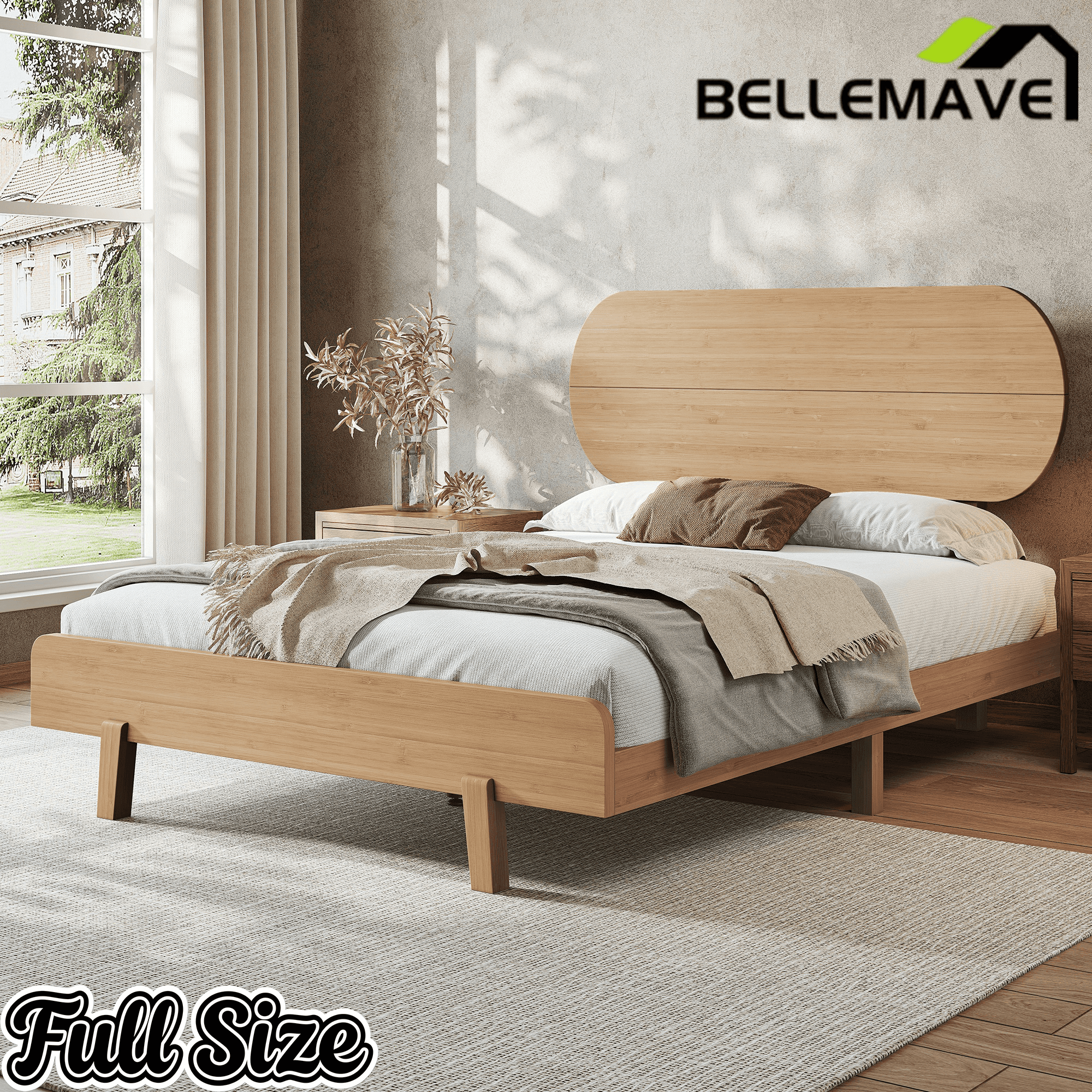 Bellemave® Bamboo Bed Frame with Headboard,Bamboo Platform Bed Frame with Rounded Headboard and Wood Slats,Easy Assembly - Bellemave