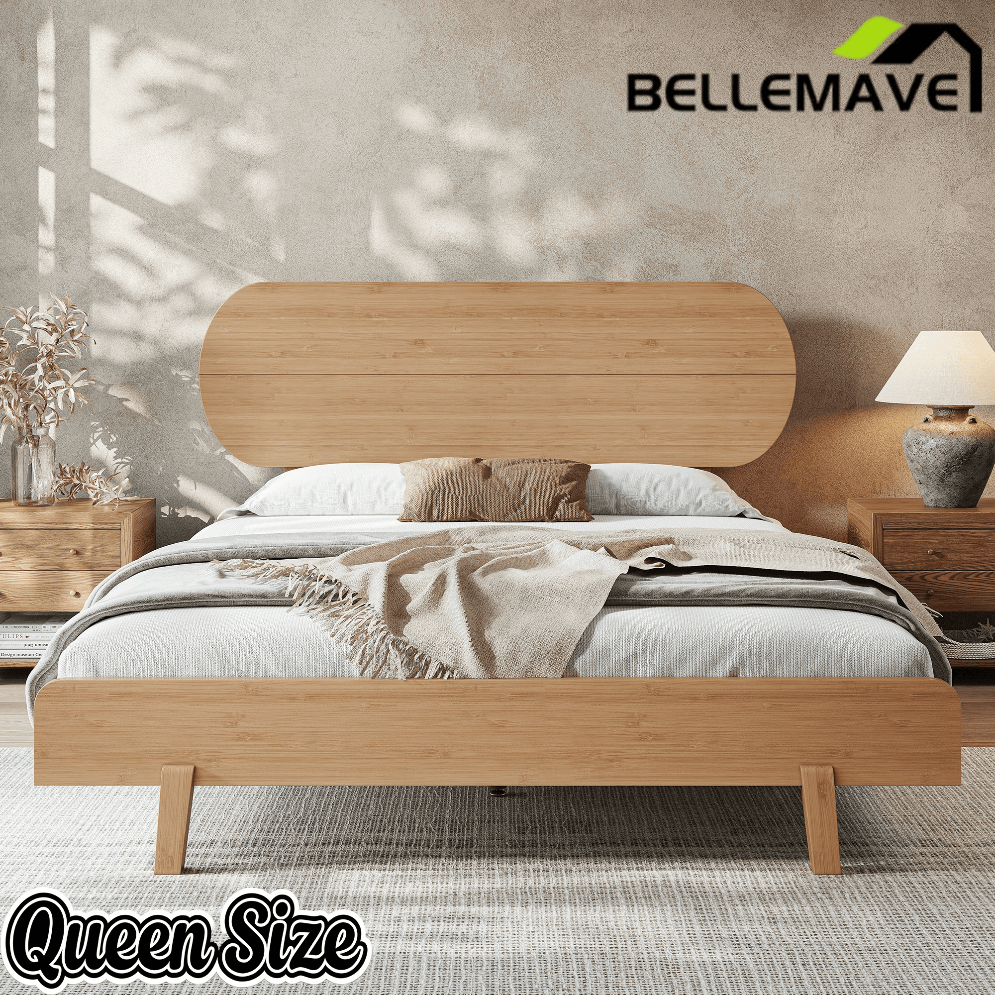 Bellemave® Bamboo Bed Frame with Headboard,Bamboo Platform Bed Frame with Rounded Headboard and Wood Slats,Easy Assembly - Bellemave