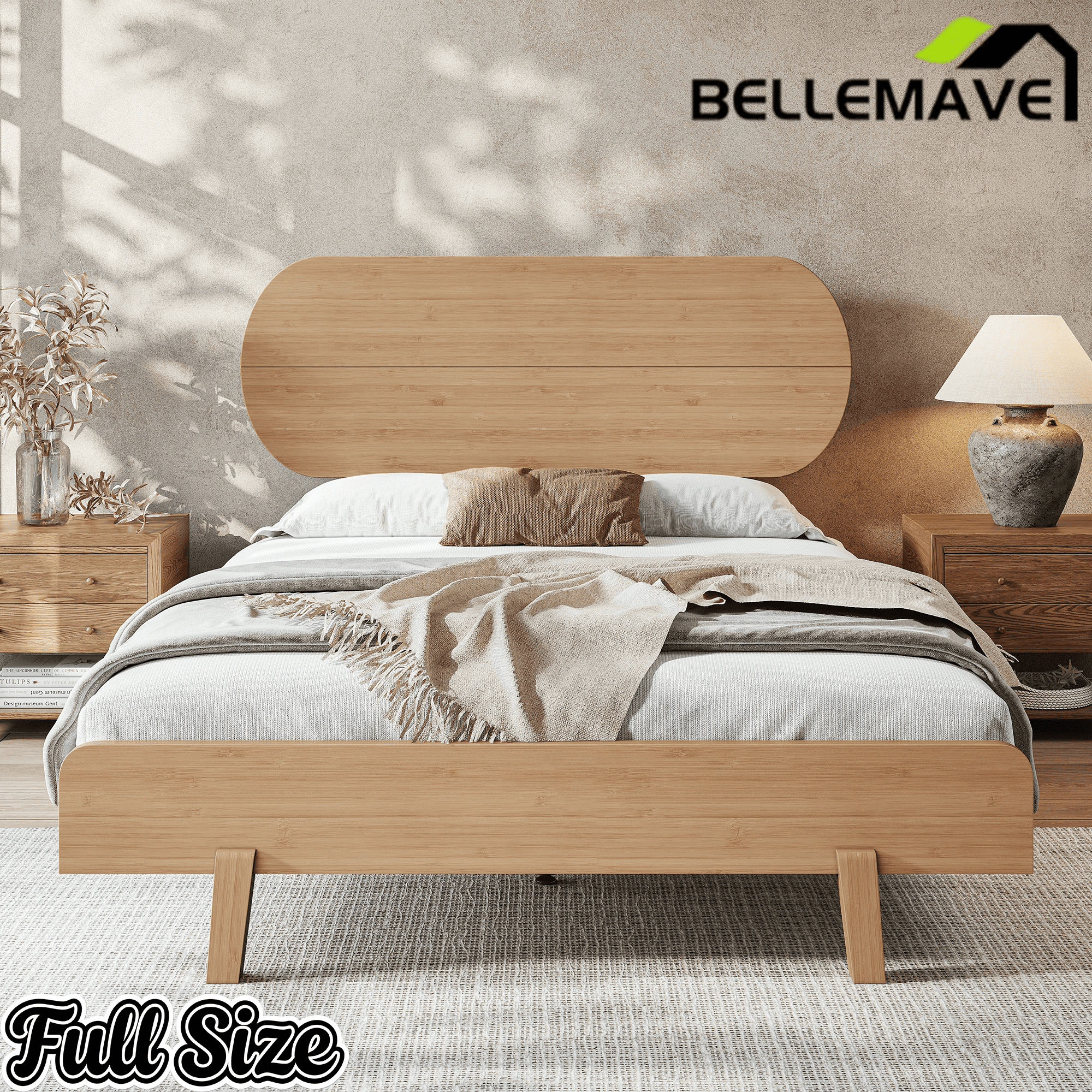 Bellemave® Bamboo Bed Frame with Headboard,Bamboo Platform Bed Frame with Rounded Headboard and Wood Slats,Easy Assembly - Bellemave