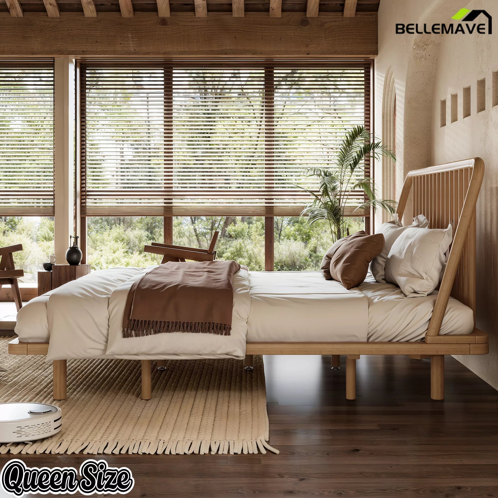 Bellemave® Bamboo Platform Bed Frame with Headboard, Slanted Slat Design and Support Slats - Bellemave