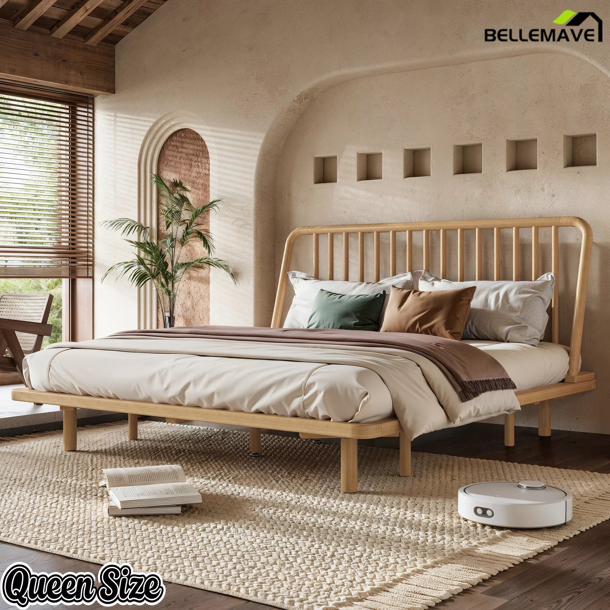 Bellemave® Bamboo Platform Bed Frame with Headboard, Slanted Slat Design and Support Slats - Bellemave