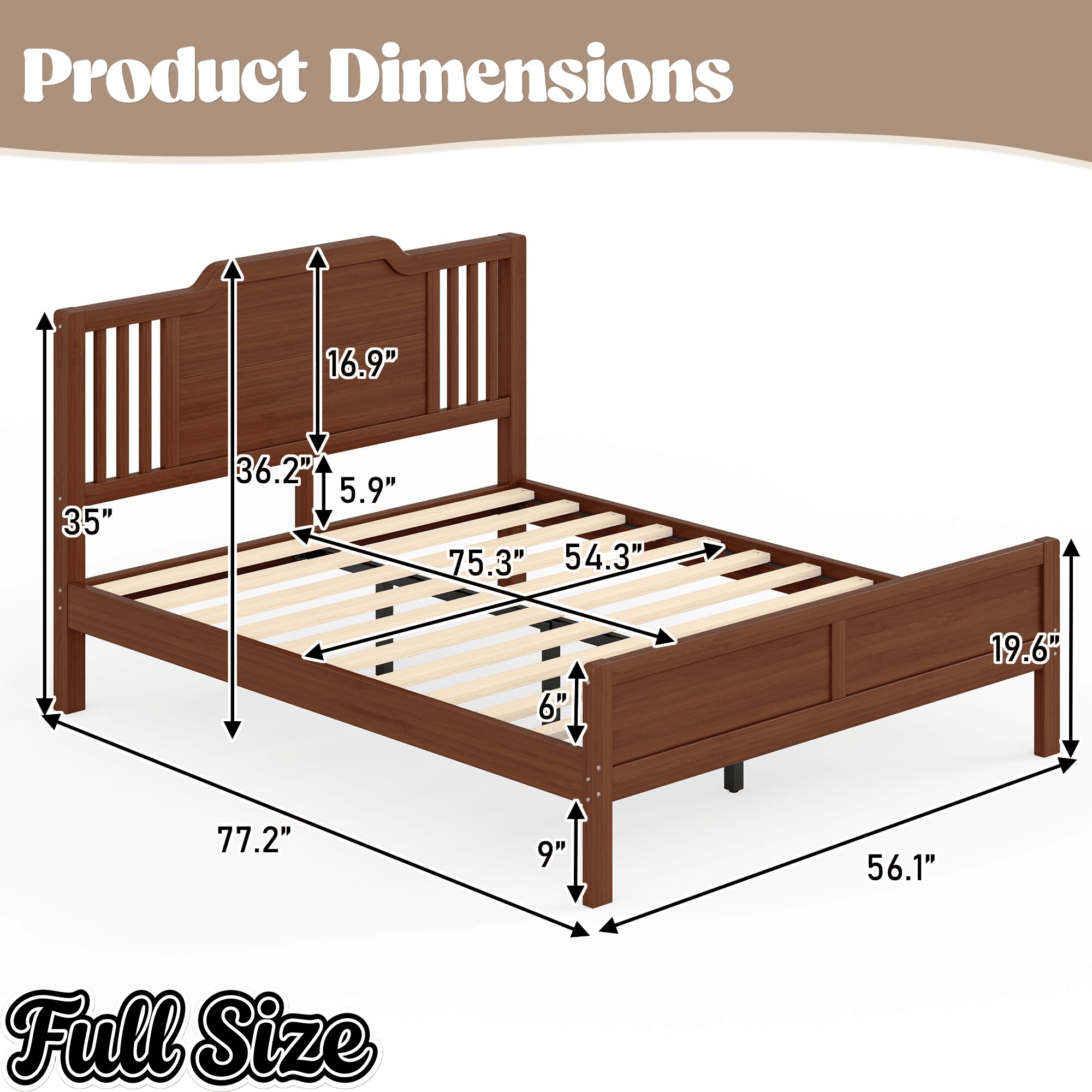 Bellemave® Bamboo Platform Bed Frame with Tall Headboard & Wood Slat Support, Mid-Century Modern for Master Bedroom, Couples, Guest Suite - Bellemave