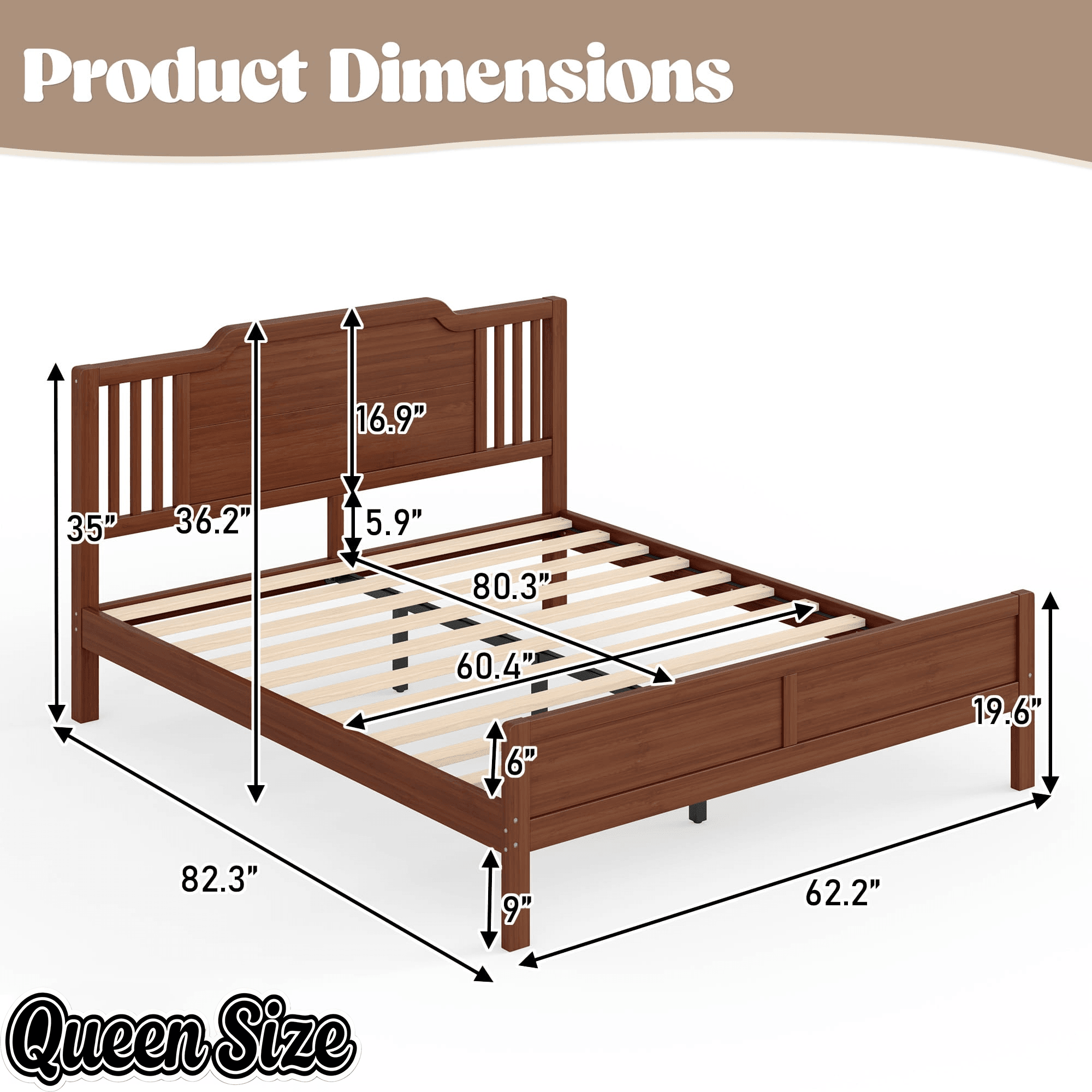 Bellemave® Bamboo Platform Bed Frame with Tall Headboard & Wood Slat Support, Mid-Century Modern for Master Bedroom, Couples, Guest Suite - Bellemave