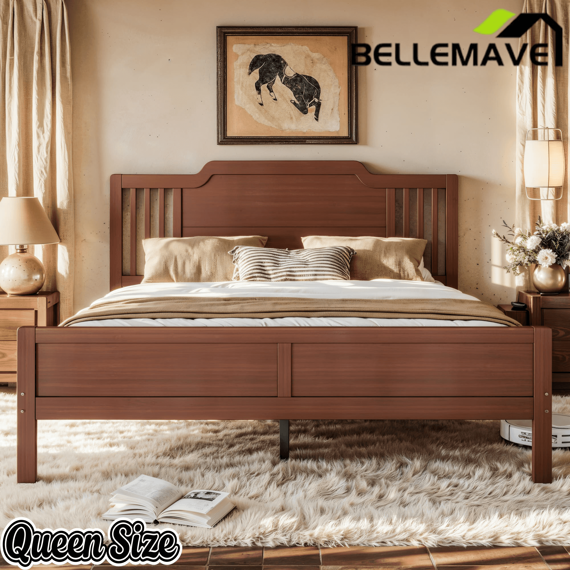 Bellemave® Bamboo Platform Bed Frame with Tall Headboard & Wood Slat Support, Mid-Century Modern for Master Bedroom, Couples, Guest Suite - Bellemave