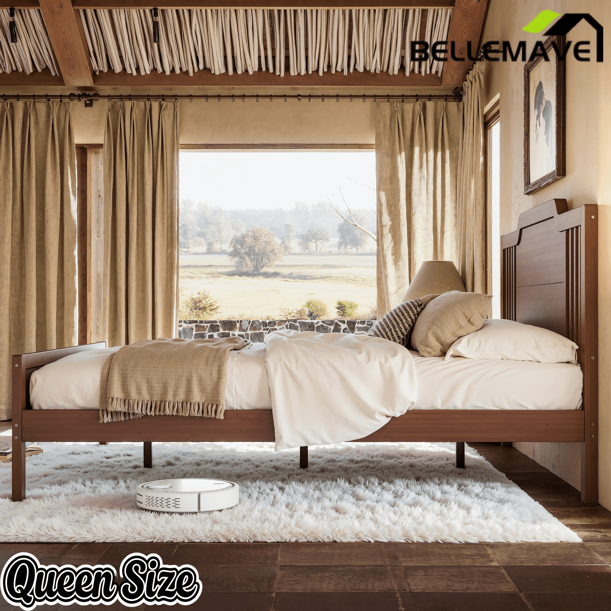 Bellemave® Bamboo Platform Bed Frame with Tall Headboard & Wood Slat Support, Mid-Century Modern for Master Bedroom, Couples, Guest Suite - Bellemave