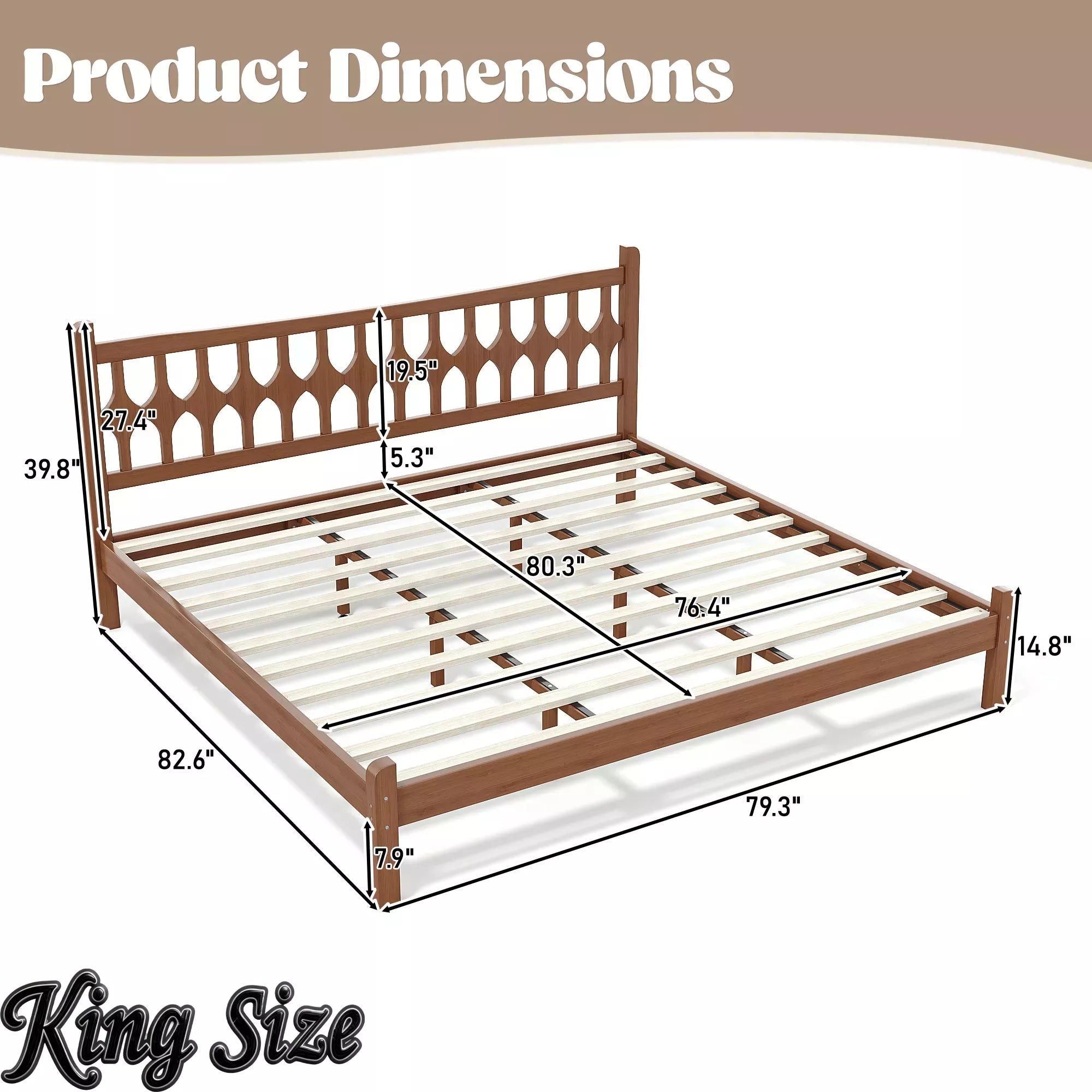 Bellemave® Bamboo Platform Bed with Diamond-shaped headboard, Solid Bamboo-made Bed Frame with Support Slats, for Bedroom, Guest Rooms, Brown - Bellemave