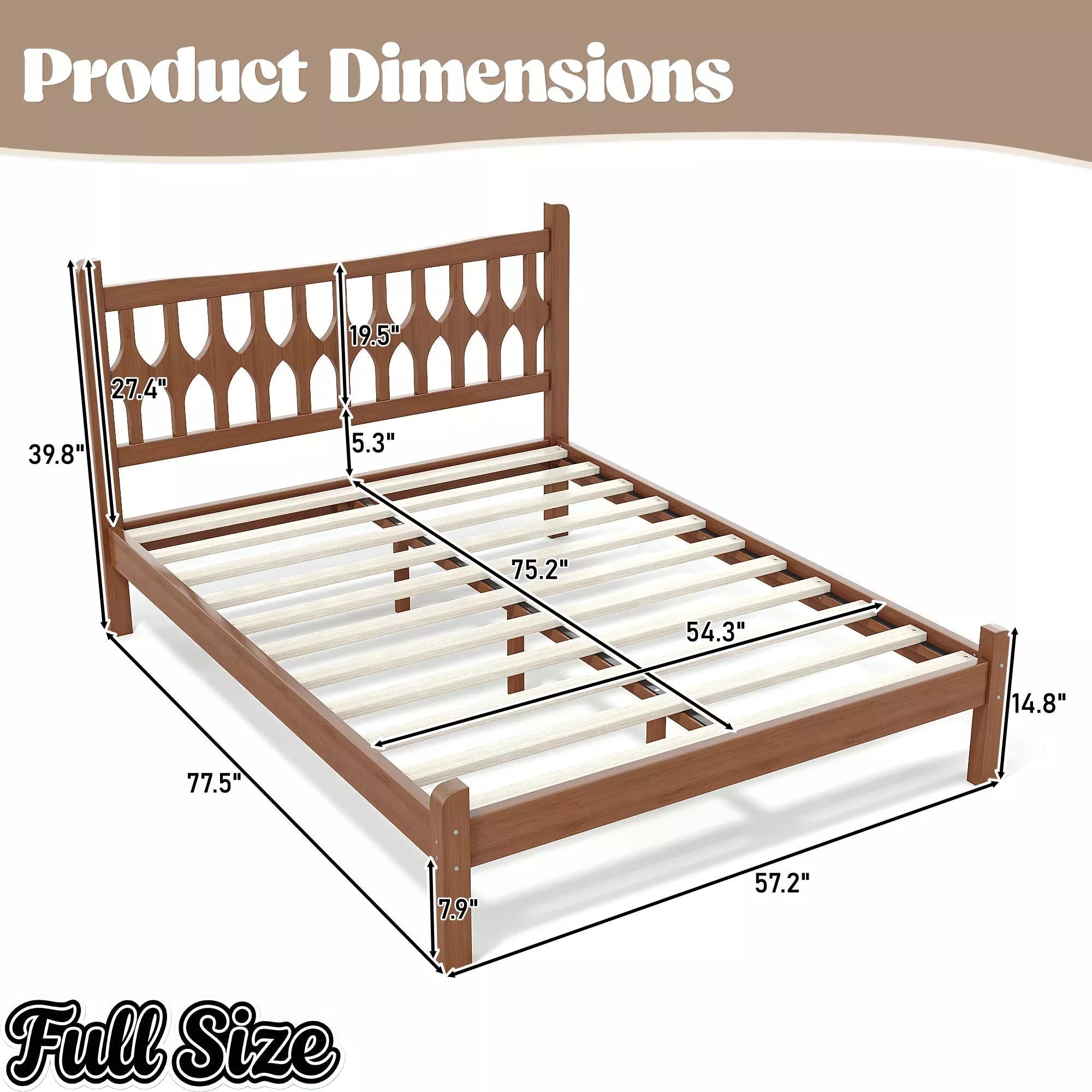 Bellemave® Bamboo Platform Bed with Diamond-shaped headboard, Solid Bamboo-made Bed Frame with Support Slats, for Bedroom, Guest Rooms, Brown - Bellemave