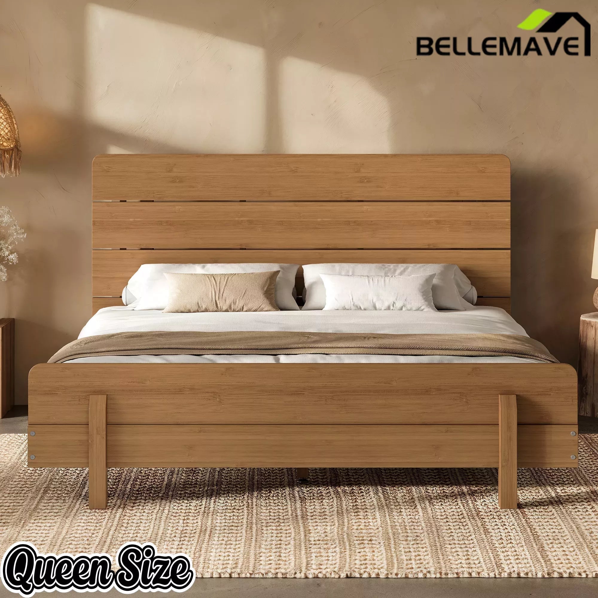 Bellemave® Bamboo Platform Bed with Modern Headboard, Bamboo Bed Frame Construction, Reinforced Support Slats Design No Box Spring Required,Brown - Bellemave