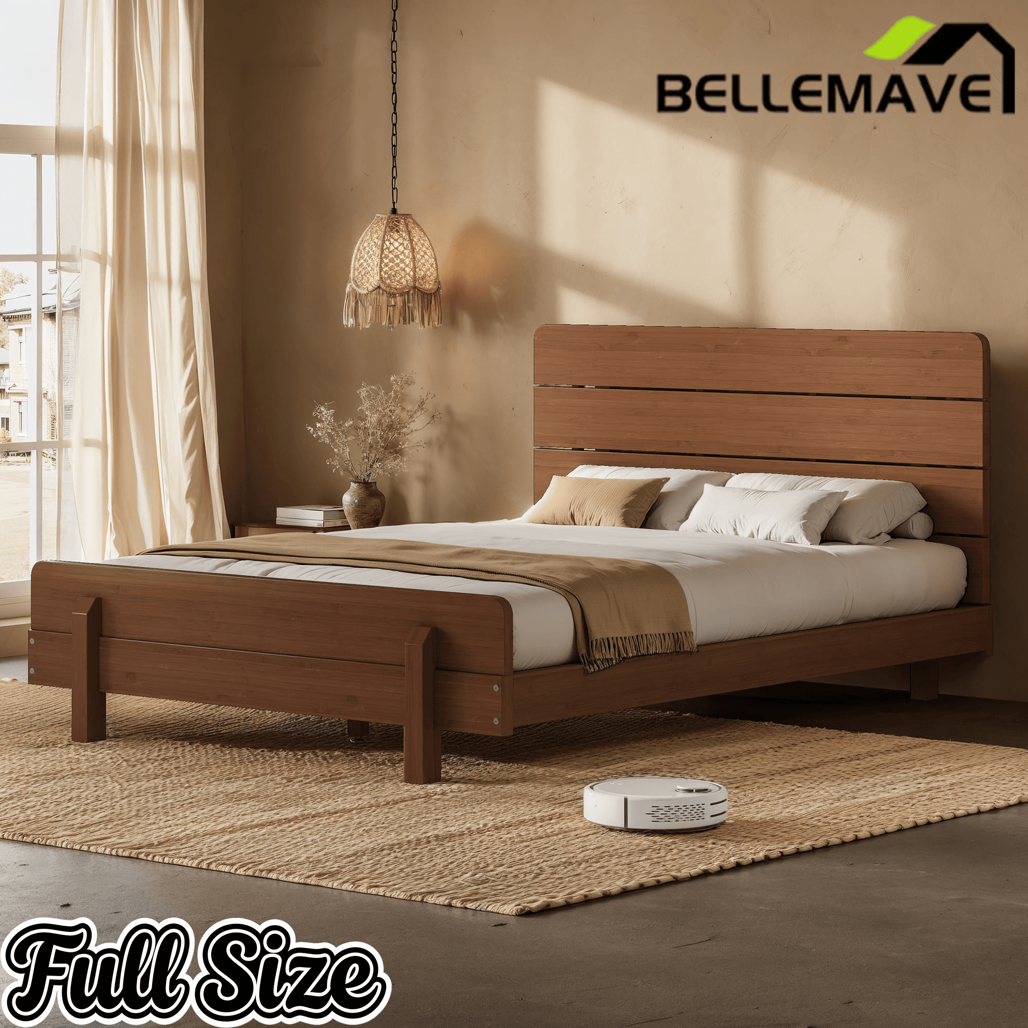 Bellemave® Bamboo Platform Bed with Modern Headboard, Bamboo Bed Frame Construction, Reinforced Support Slats Design No Box Spring Required,Brown - Bellemave