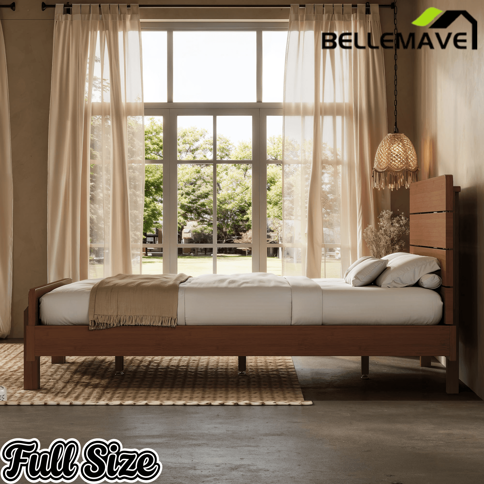 Bellemave® Bamboo Platform Bed with Modern Headboard, Bamboo Bed Frame Construction, Reinforced Support Slats Design No Box Spring Required,Brown - Bellemave