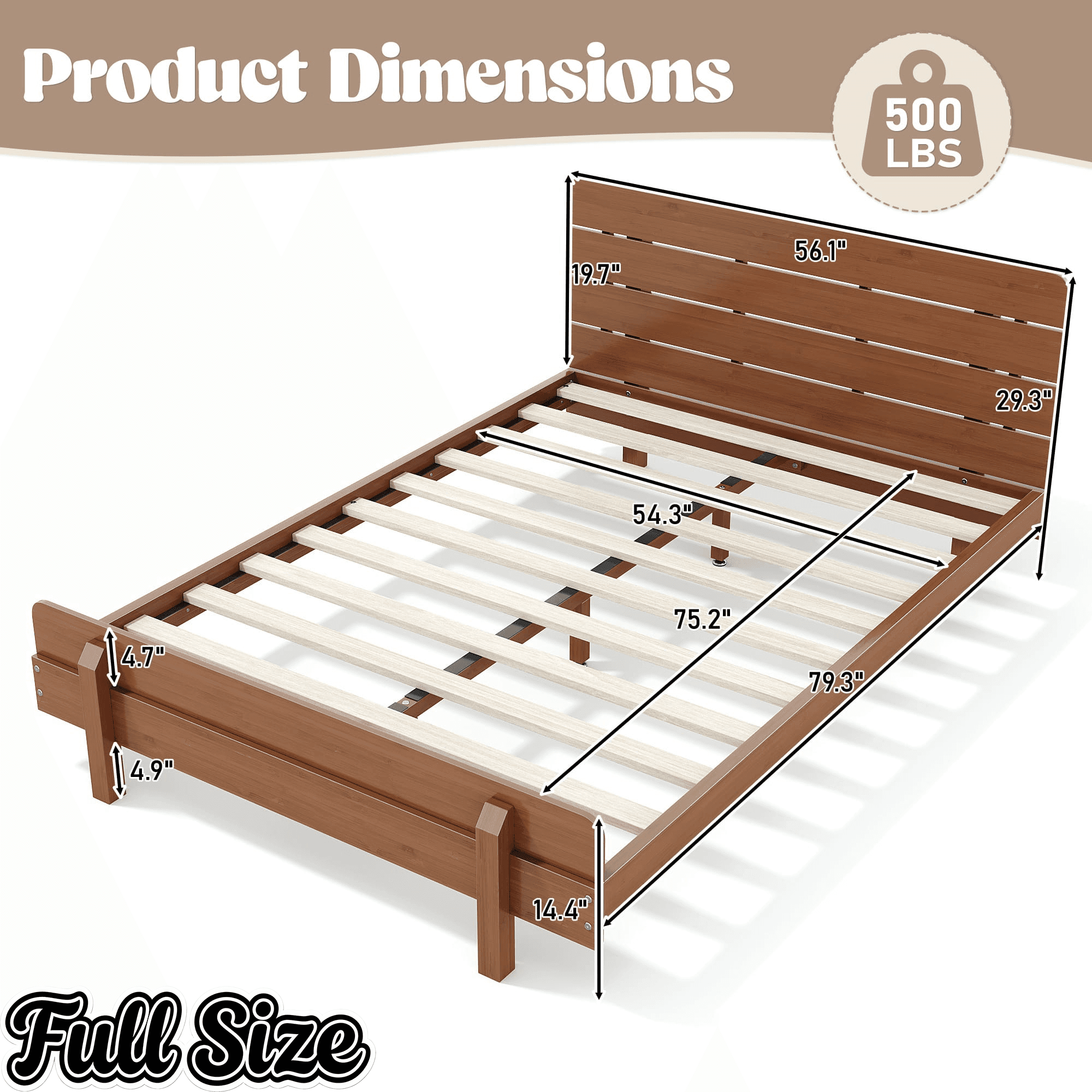 Bellemave® Bamboo Platform Bed with Modern Headboard, Bamboo Bed Frame Construction, Reinforced Support Slats Design No Box Spring Required,Brown - Bellemave