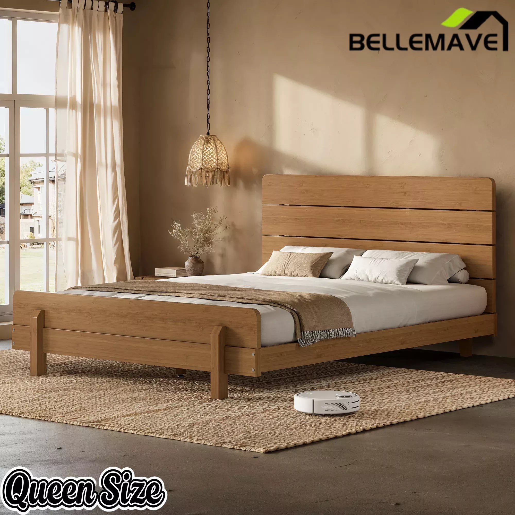 Bellemave® Bamboo Platform Bed with Modern Headboard, Bamboo Bed Frame Construction, Reinforced Support Slats Design No Box Spring Required,Brown - Bellemave