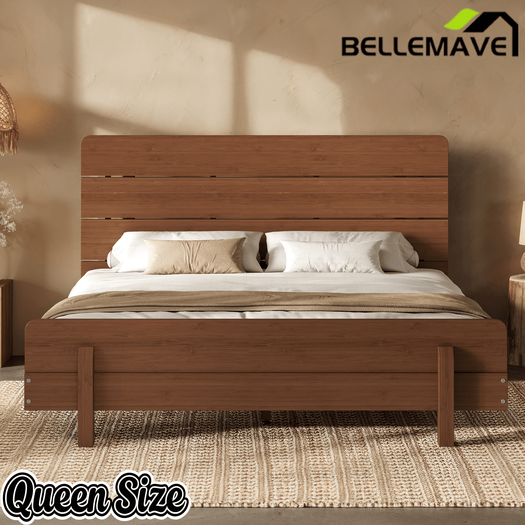 Bellemave® Bamboo Platform Bed with Modern Headboard, Bamboo Bed Frame Construction, Reinforced Support Slats Design No Box Spring Required,Brown - Bellemave