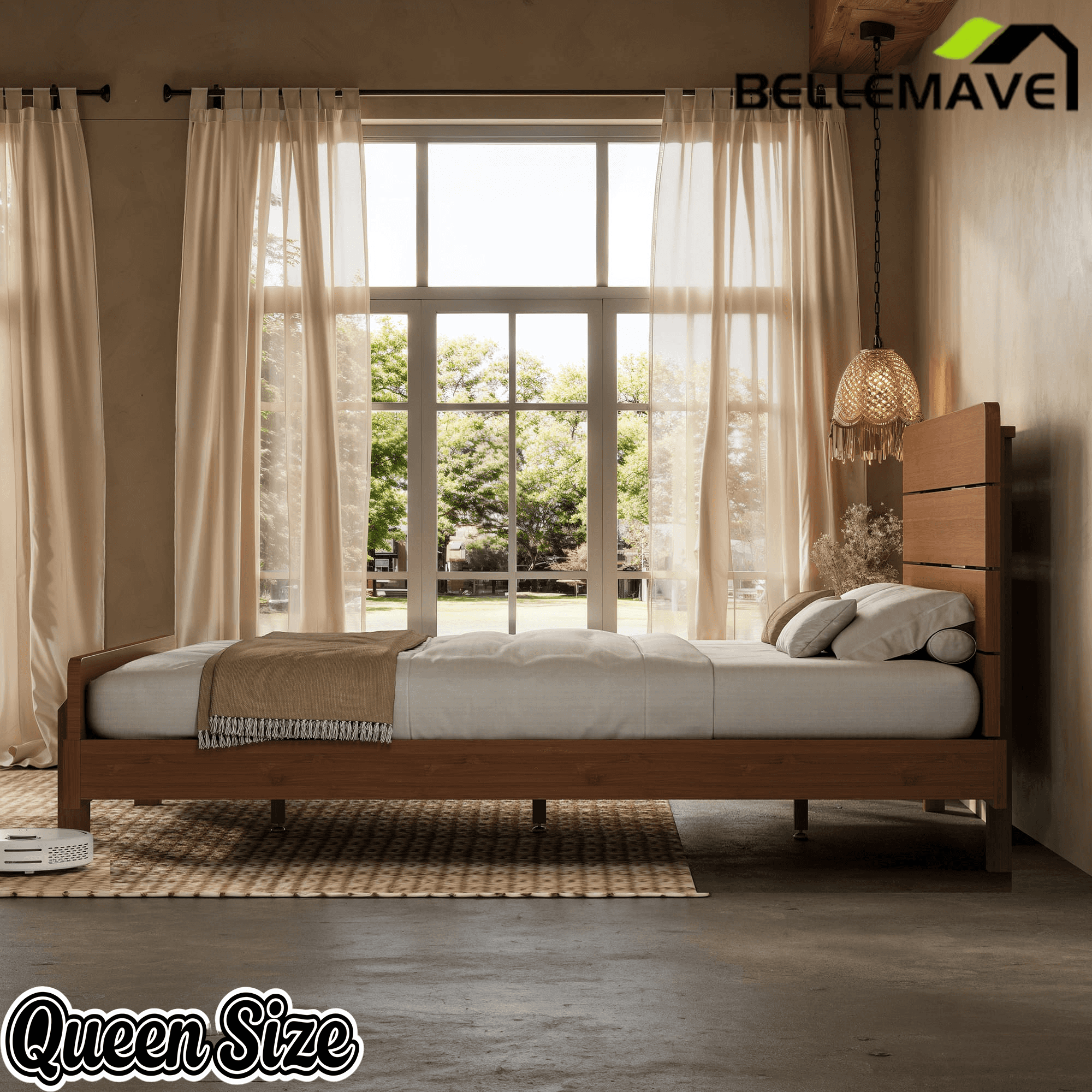 Bellemave® Bamboo Platform Bed with Modern Headboard, Bamboo Bed Frame Construction, Reinforced Support Slats Design No Box Spring Required,Brown - Bellemave