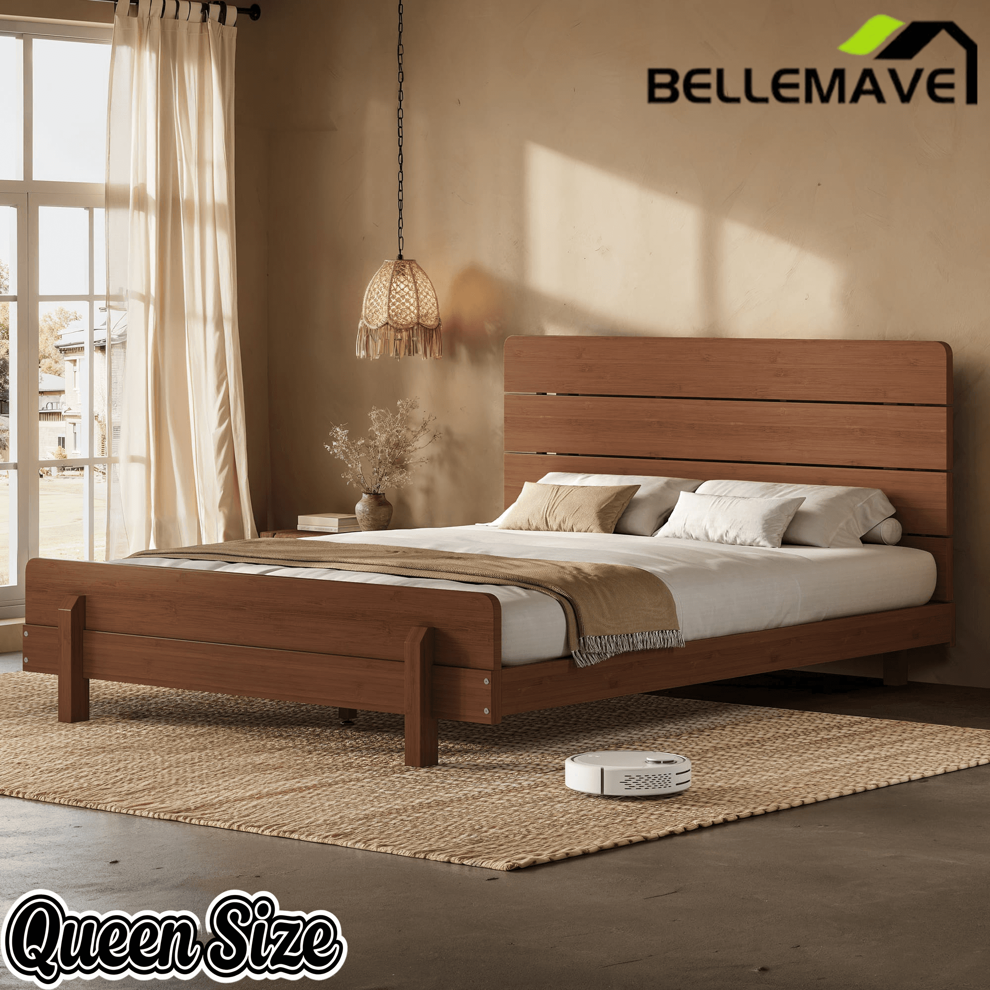 Bellemave® Bamboo Platform Bed with Modern Headboard, Bamboo Bed Frame Construction, Reinforced Support Slats Design No Box Spring Required,Brown - Bellemave