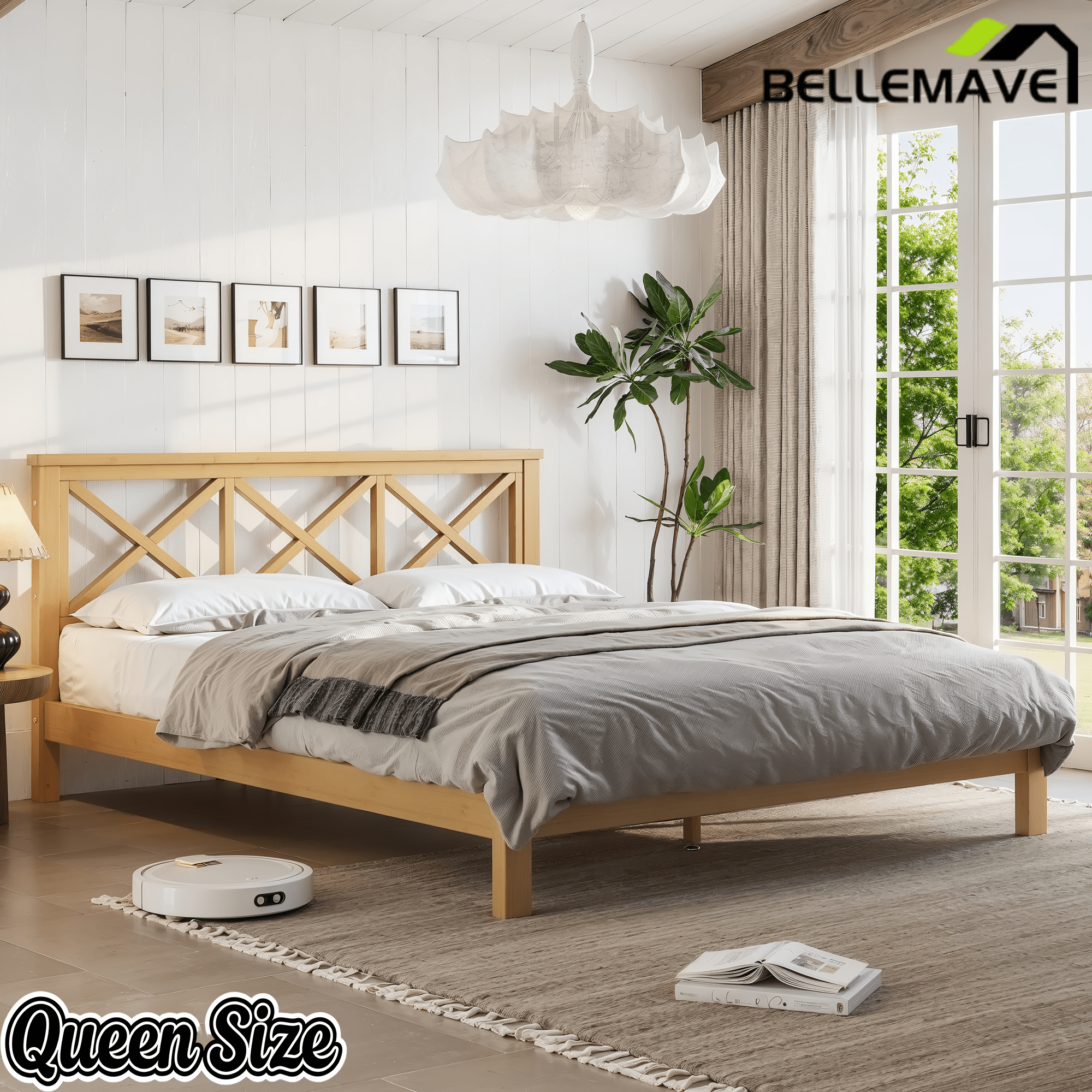 Bellemave® Bamboo Platform Bed with X - Shpaed Design Headboard, Mid - Century Modern Bed Frame with Wooden Solid Support Slats - Bellemave