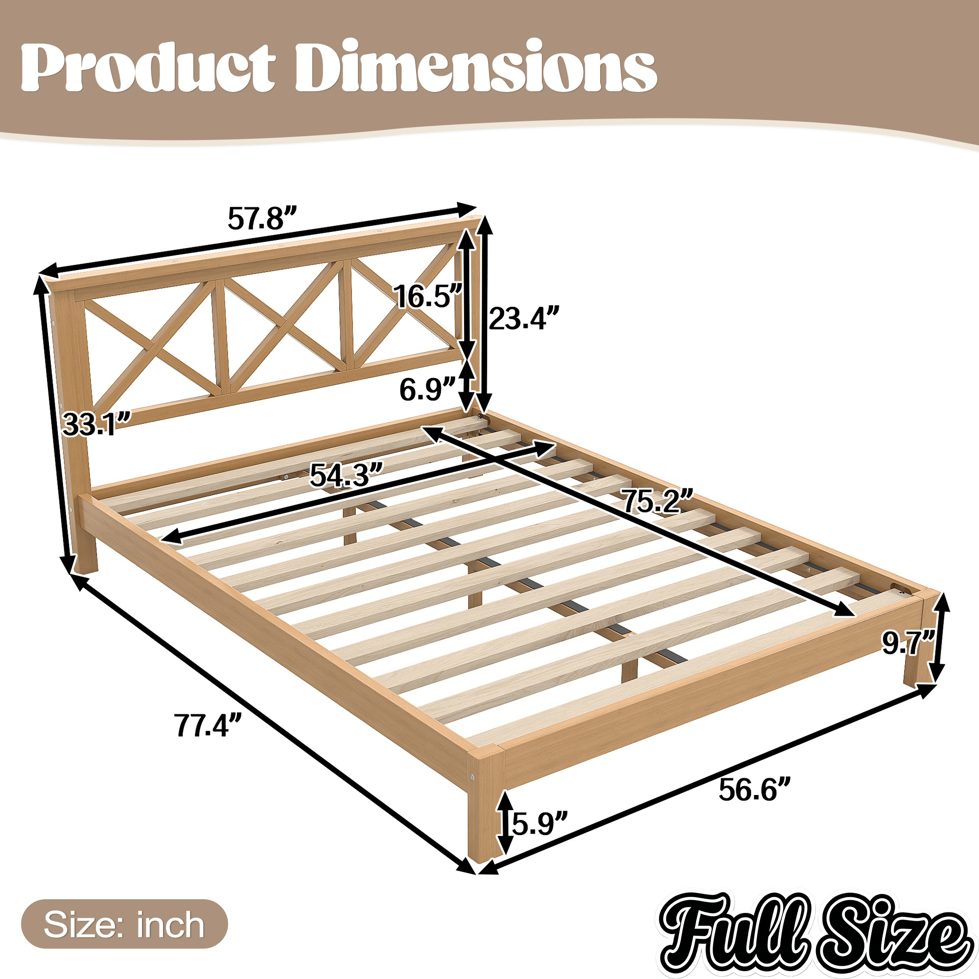 Bellemave® Bamboo Platform Bed with X - Shpaed Design Headboard, Mid - Century Modern Bed Frame with Wooden Solid Support Slats - Bellemave