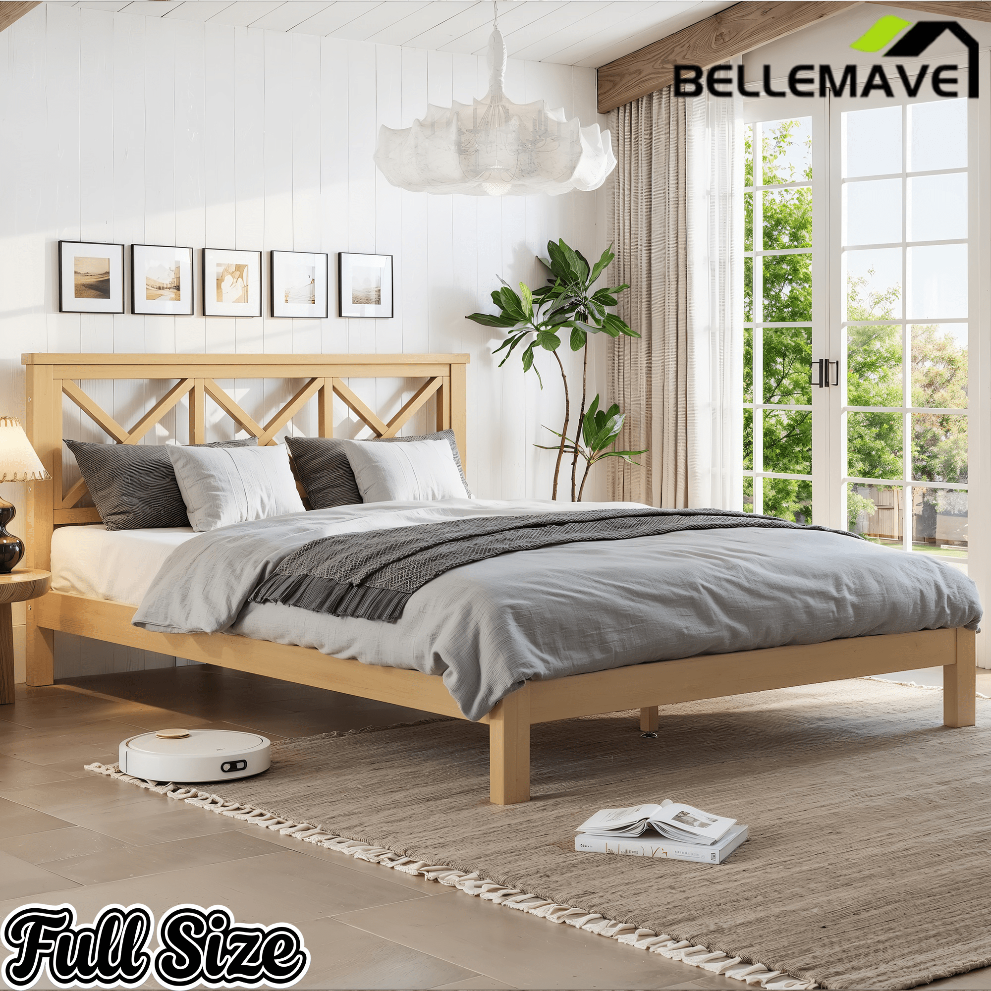 Bellemave® Bamboo Platform Bed with X - Shpaed Design Headboard, Mid - Century Modern Bed Frame with Wooden Solid Support Slats - Bellemave
