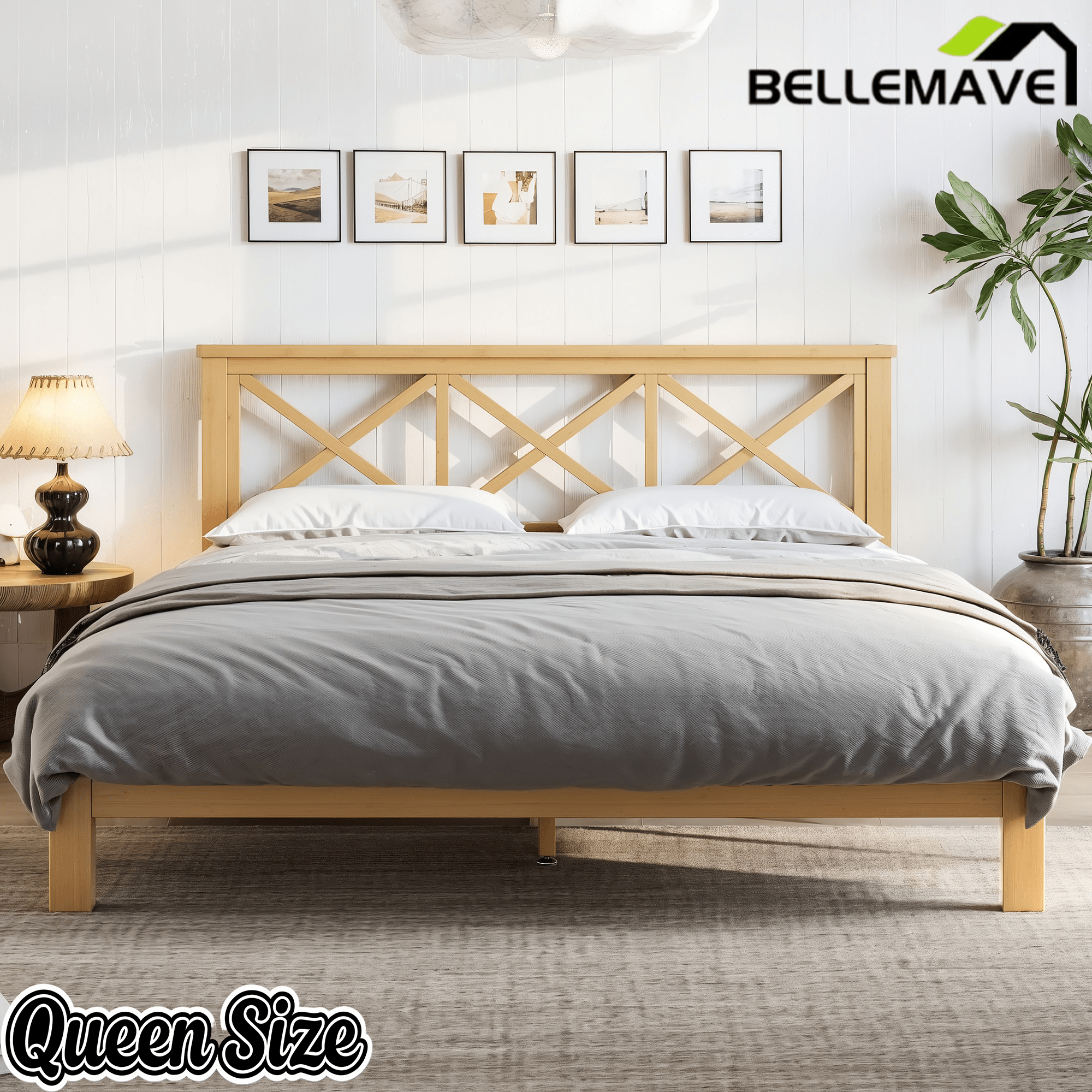 Bellemave® Bamboo Platform Bed with X - Shpaed Design Headboard, Mid - Century Modern Bed Frame with Wooden Solid Support Slats - Bellemave