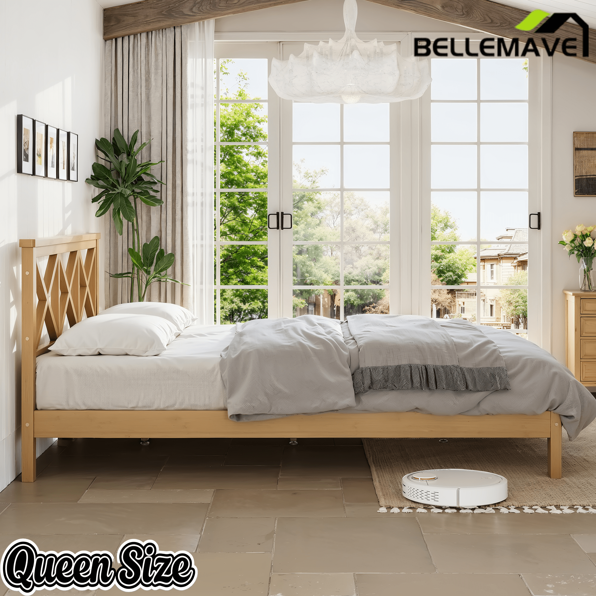 Bellemave® Bamboo Platform Bed with X - Shpaed Design Headboard, Mid - Century Modern Bed Frame with Wooden Solid Support Slats - Bellemave