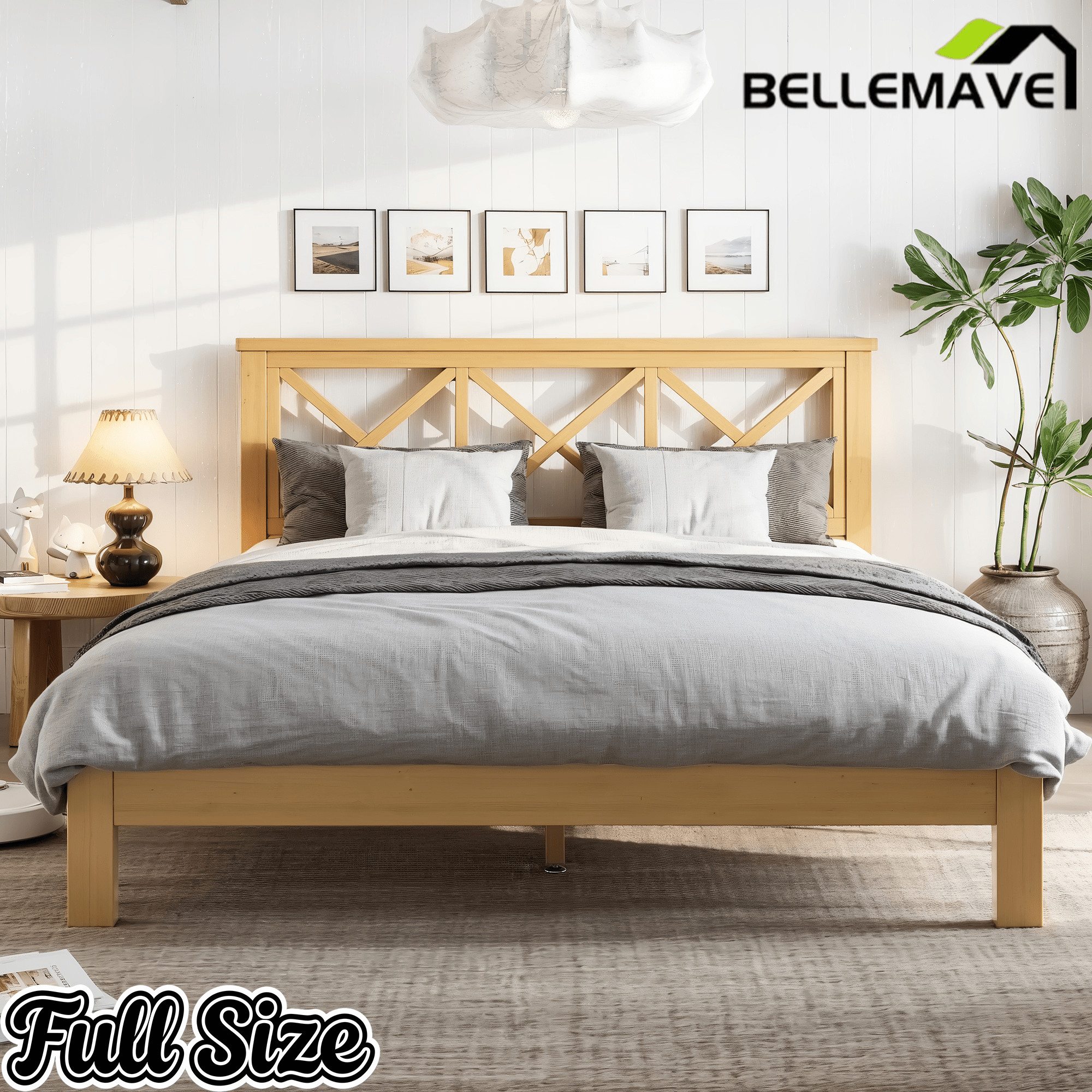 Bellemave® Bamboo Platform Bed with X - Shpaed Design Headboard, Mid - Century Modern Bed Frame with Wooden Solid Support Slats - Bellemave