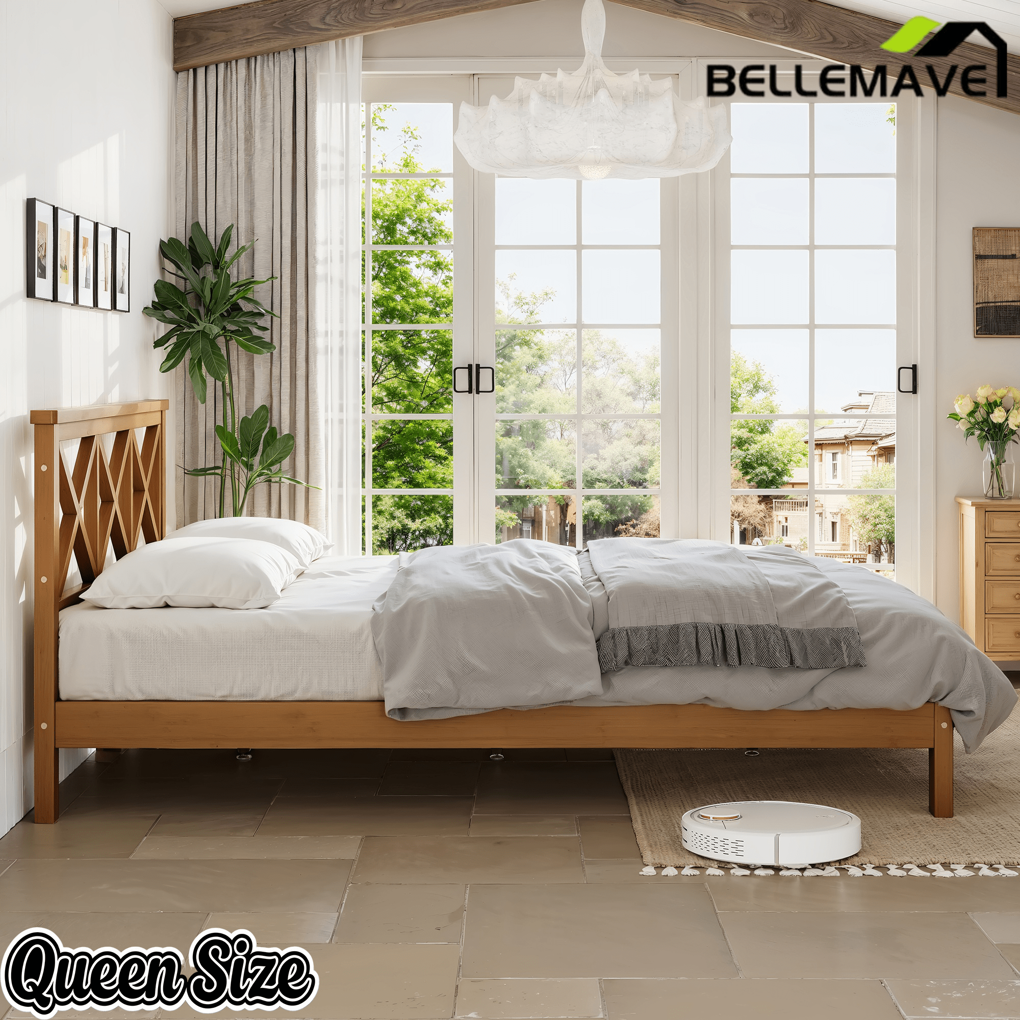 Bellemave® Bamboo Platform Bed with X - Shpaed Design Headboard, Mid - Century Modern Bed Frame with Wooden Solid Support Slats - Bellemave