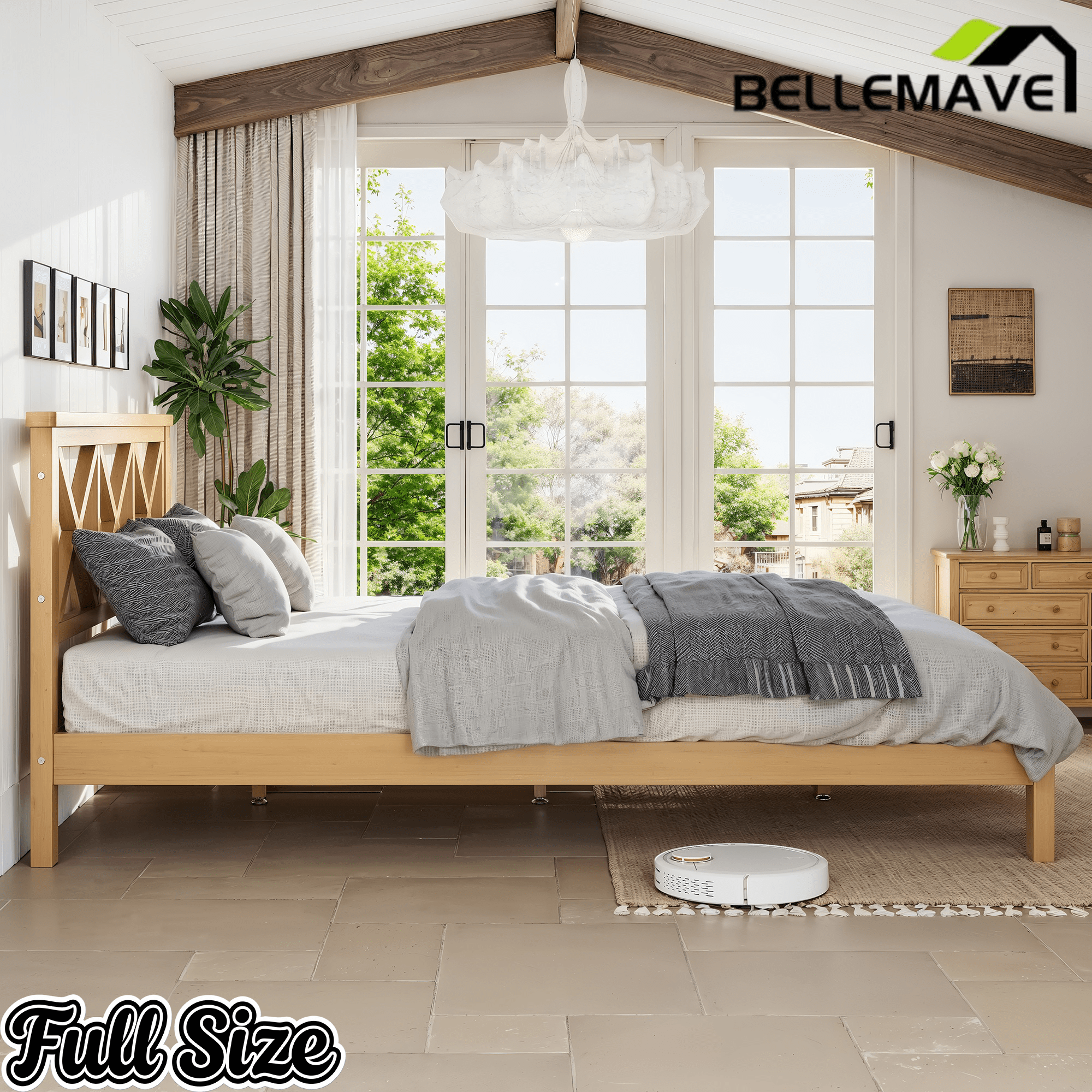 Bellemave® Bamboo Platform Bed with X - Shpaed Design Headboard, Mid - Century Modern Bed Frame with Wooden Solid Support Slats - Bellemave
