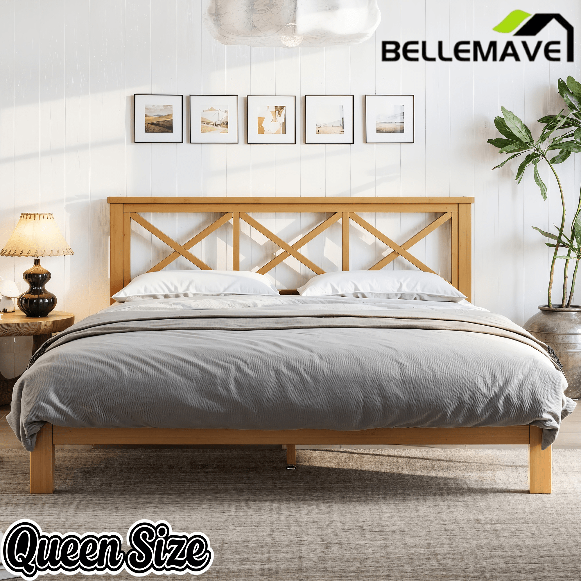 Bellemave® Bamboo Platform Bed with X - Shpaed Design Headboard, Mid - Century Modern Bed Frame with Wooden Solid Support Slats - Bellemave