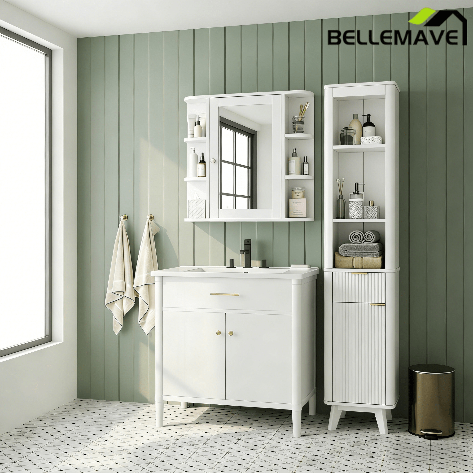 Bellemave® Bathroom Medicine Cabinet, Bathroom Mirror Cabinet Wall Mounted with 6 Adjustable Wood Shelves & Doors, Wall Cabinet with Mirror - Bellemave