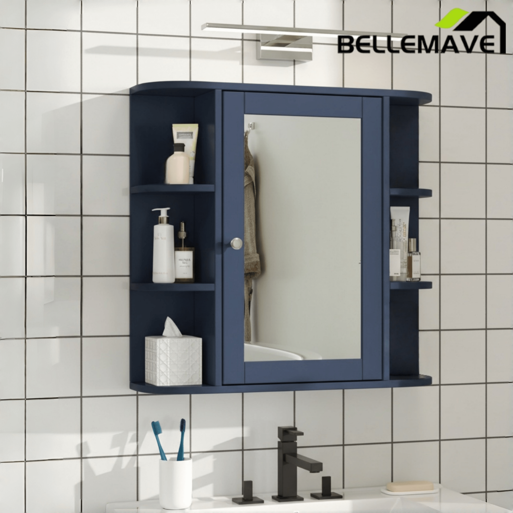Bellemave® Bathroom Medicine Cabinet, Bathroom Mirror Cabinet Wall Mounted with 6 Adjustable Wood Shelves & Doors, Wall Cabinet with Mirror - Bellemave
