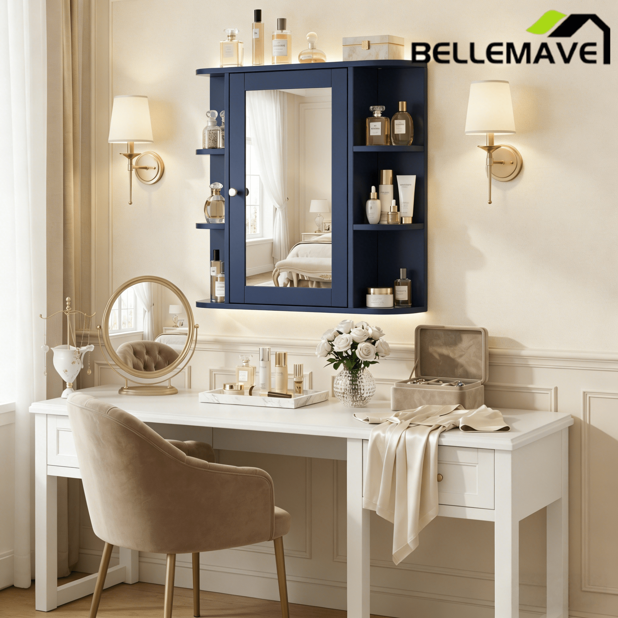 Bellemave® Bathroom Medicine Cabinet, Bathroom Mirror Cabinet Wall Mounted with 6 Adjustable Wood Shelves & Doors, Wall Cabinet with Mirror - Bellemave