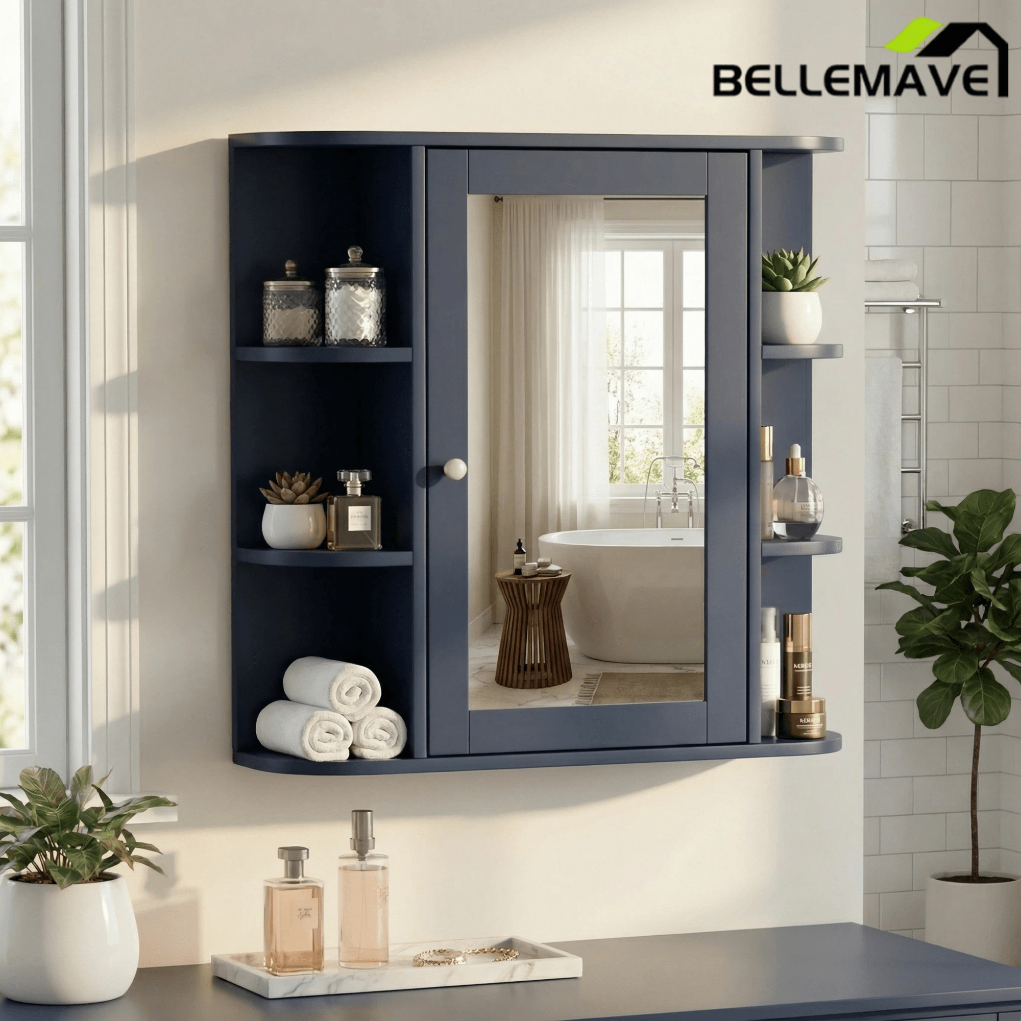 Bellemave® Bathroom Medicine Cabinet, Bathroom Mirror Cabinet Wall Mounted with 6 Adjustable Wood Shelves & Doors, Wall Cabinet with Mirror - Bellemave