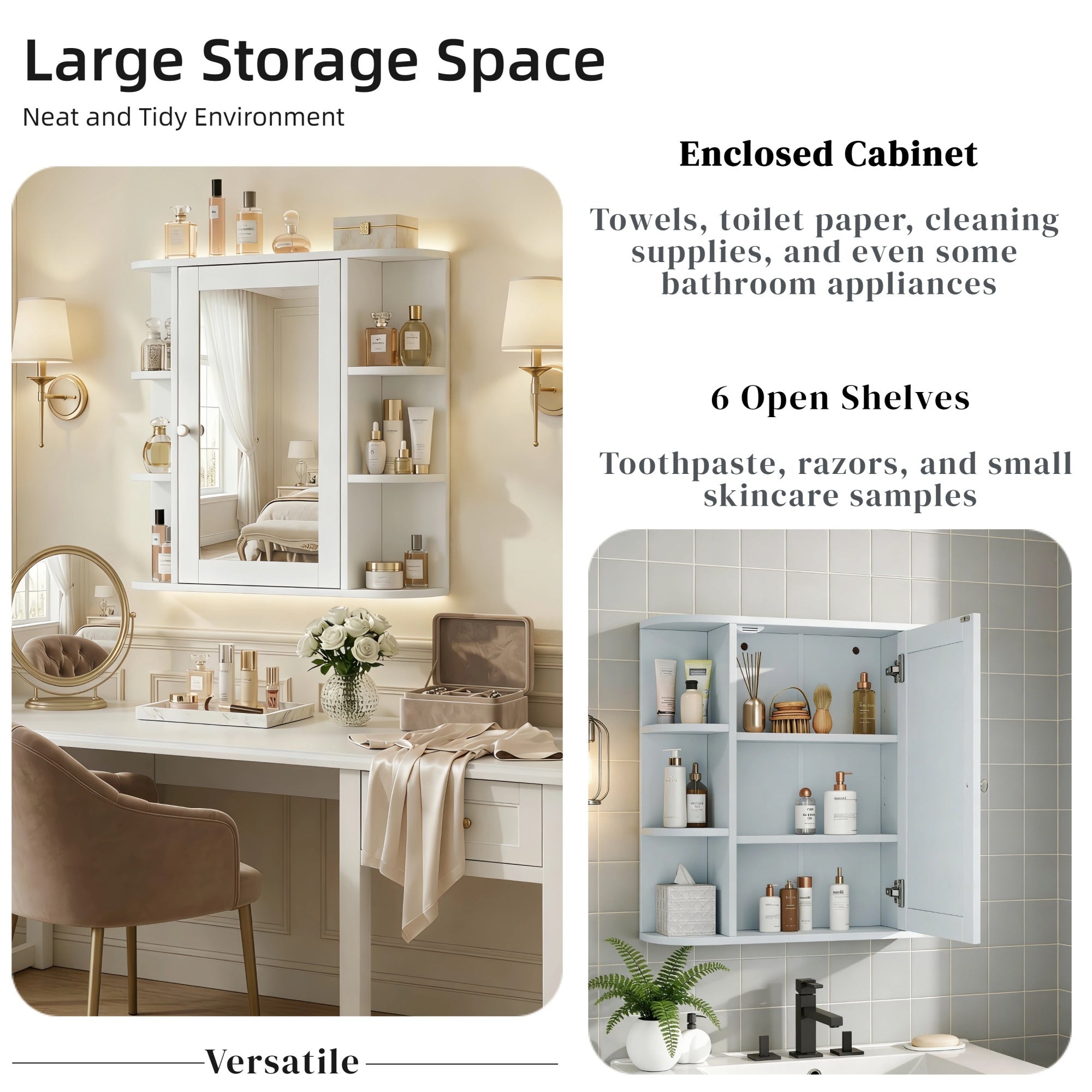 Bellemave® Bathroom Medicine Cabinet, Bathroom Mirror Cabinet Wall Mounted with 6 Adjustable Wood Shelves & Doors, Wall Cabinet with Mirror - Bellemave