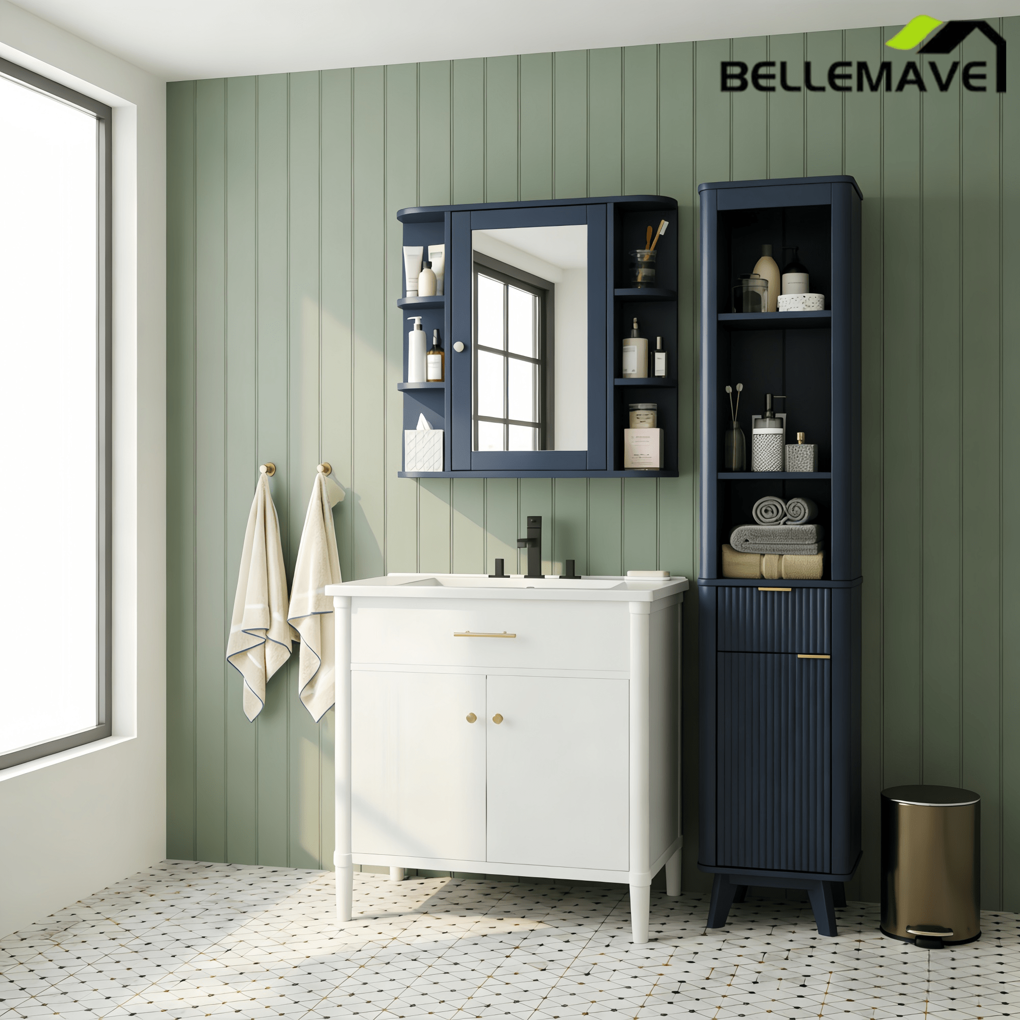 Bellemave® Bathroom Medicine Cabinet, Bathroom Mirror Cabinet Wall Mounted with 6 Adjustable Wood Shelves & Doors, Wall Cabinet with Mirror - Bellemave