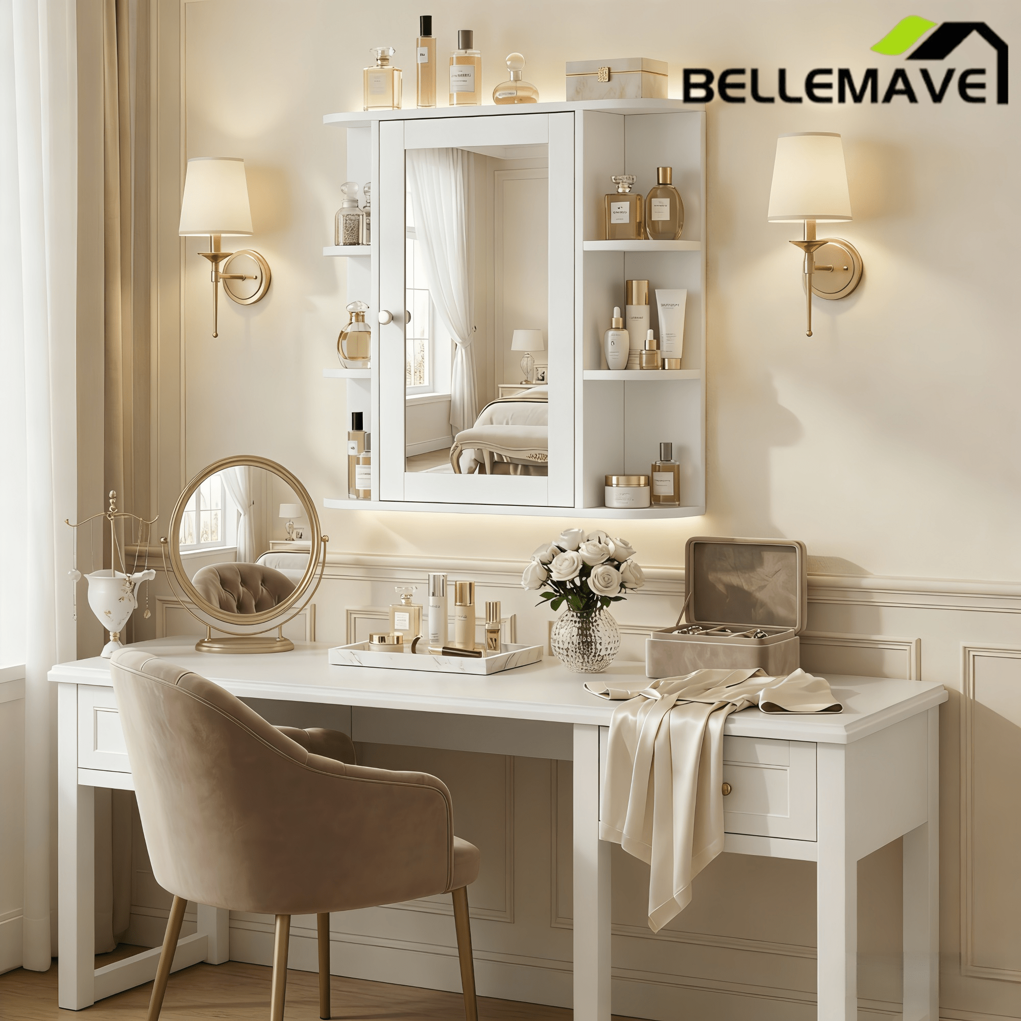 Bellemave® Bathroom Medicine Cabinet, Bathroom Mirror Cabinet Wall Mounted with 6 Adjustable Wood Shelves & Doors, Wall Cabinet with Mirror - Bellemave