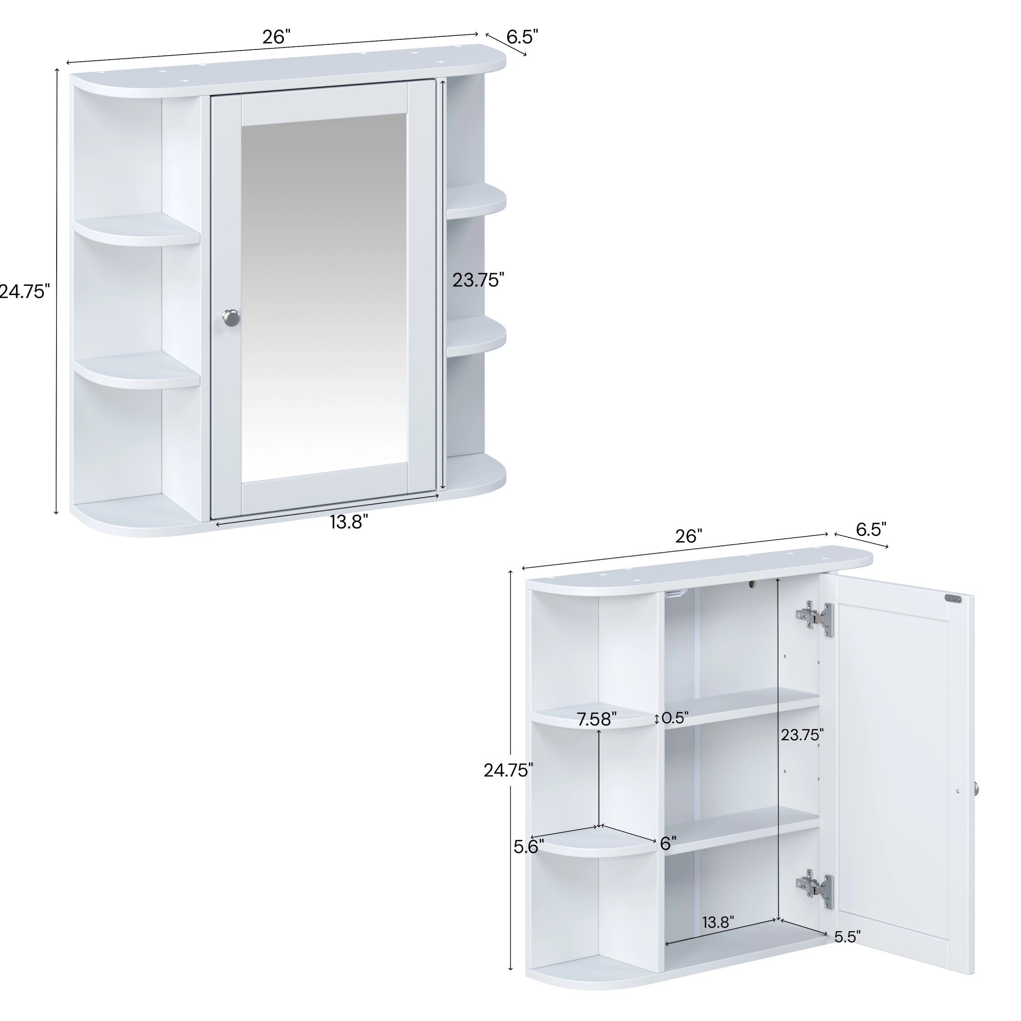 Bellemave® Bathroom Medicine Cabinet, Bathroom Mirror Cabinet Wall Mounted with 6 Adjustable Wood Shelves & Doors, Wall Cabinet with Mirror - Bellemave