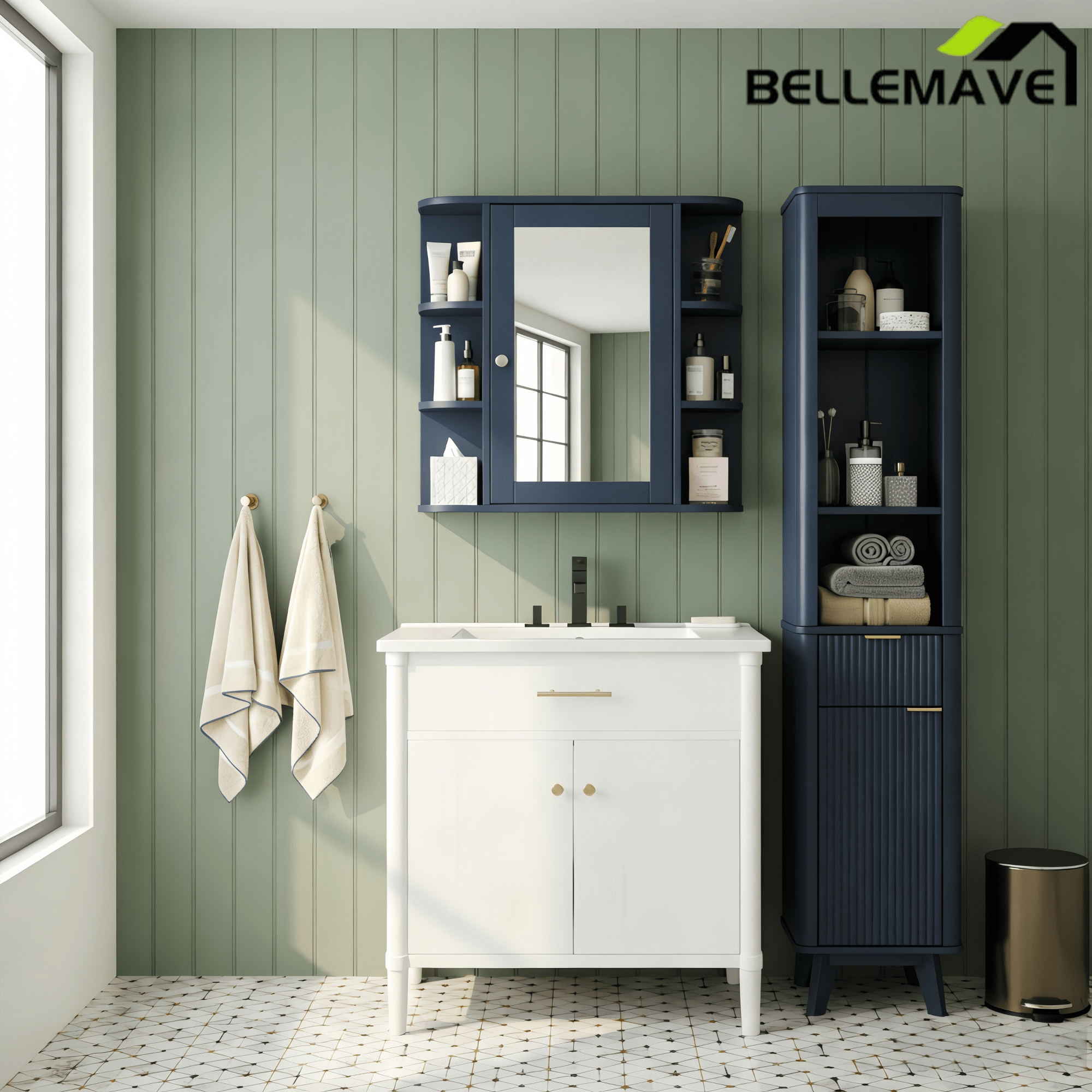Bellemave® Bathroom Medicine Cabinet, Bathroom Mirror Cabinet Wall Mounted with 6 Adjustable Wood Shelves & Doors, Wall Cabinet with Mirror - Bellemave