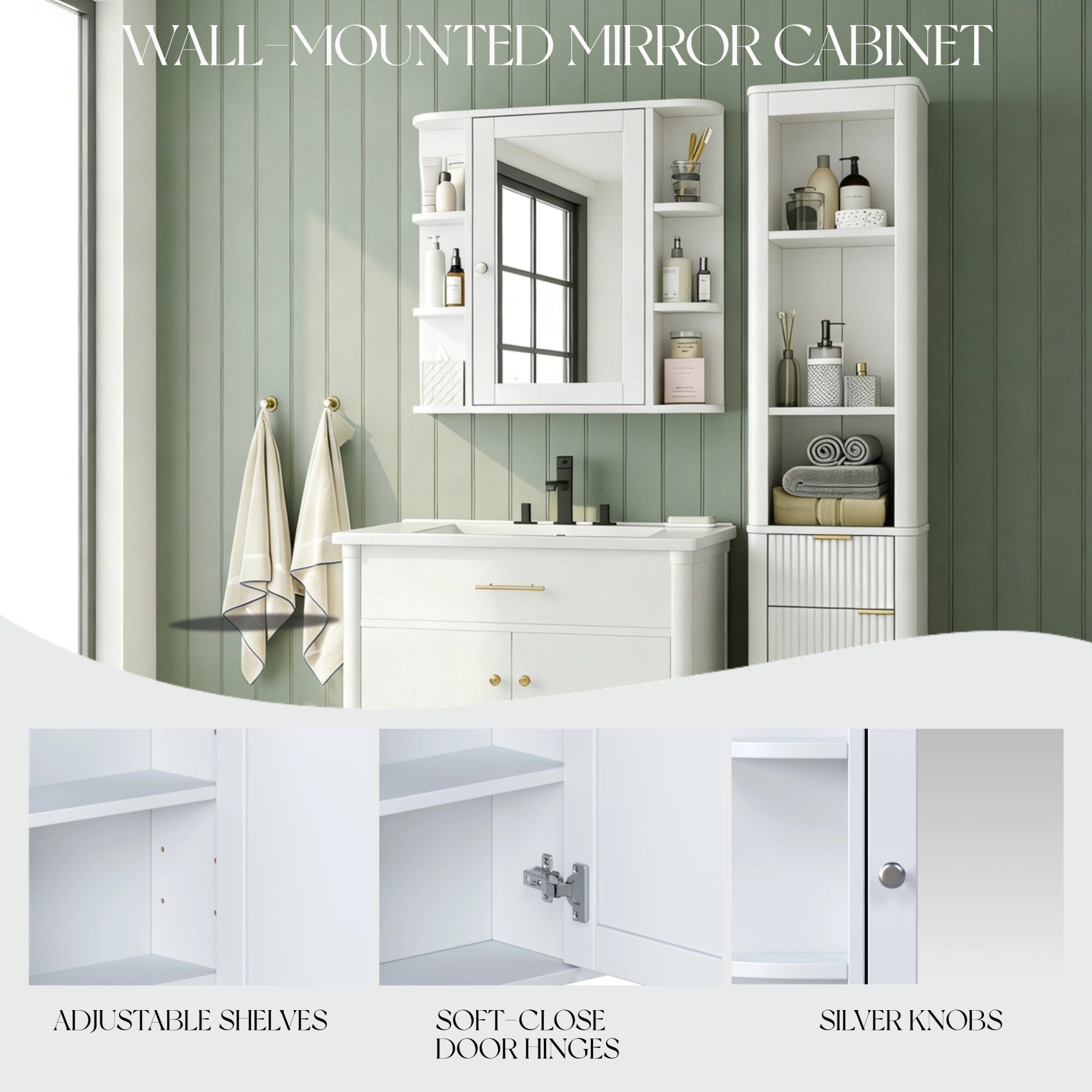 Bellemave® Bathroom Medicine Cabinet, Bathroom Mirror Cabinet Wall Mounted with 6 Adjustable Wood Shelves & Doors, Wall Cabinet with Mirror - Bellemave