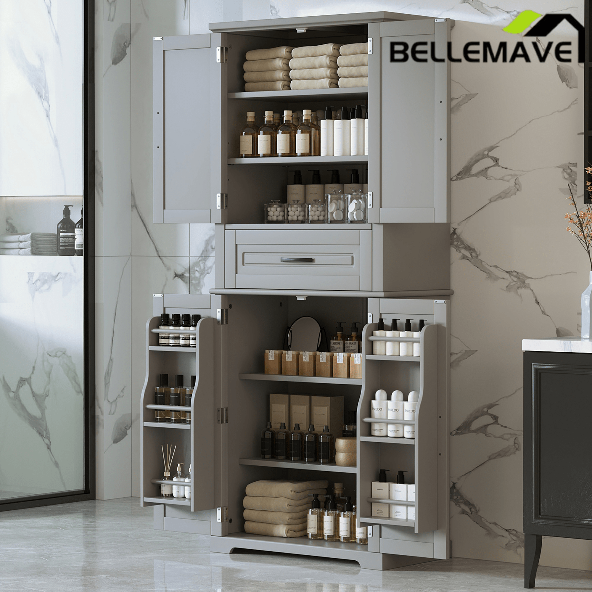 Bellemave® Bathroom Storage Cabinet with 4 Doors, 3 - Tier Racks on Down Doors & Storage Drawer for Bathroom, Living Room & Apartment - Bellemave