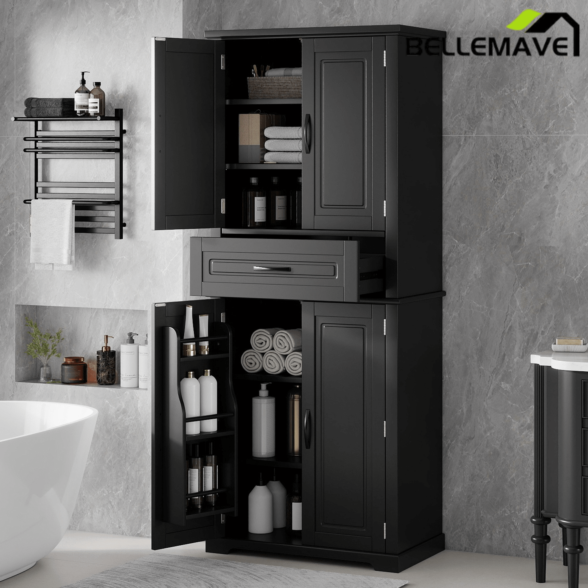Bellemave® Bathroom Storage Cabinet with 4 Doors, 3 - Tier Racks on Down Doors & Storage Drawer for Bathroom, Living Room & Apartment - Bellemave
