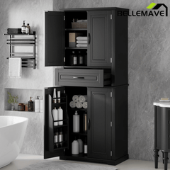 Bellemave® Bathroom Storage Cabinet with 4 Doors, 3 - Tier Racks on Down Doors & Storage Drawer for Bathroom, Living Room & Apartment - Bellemave