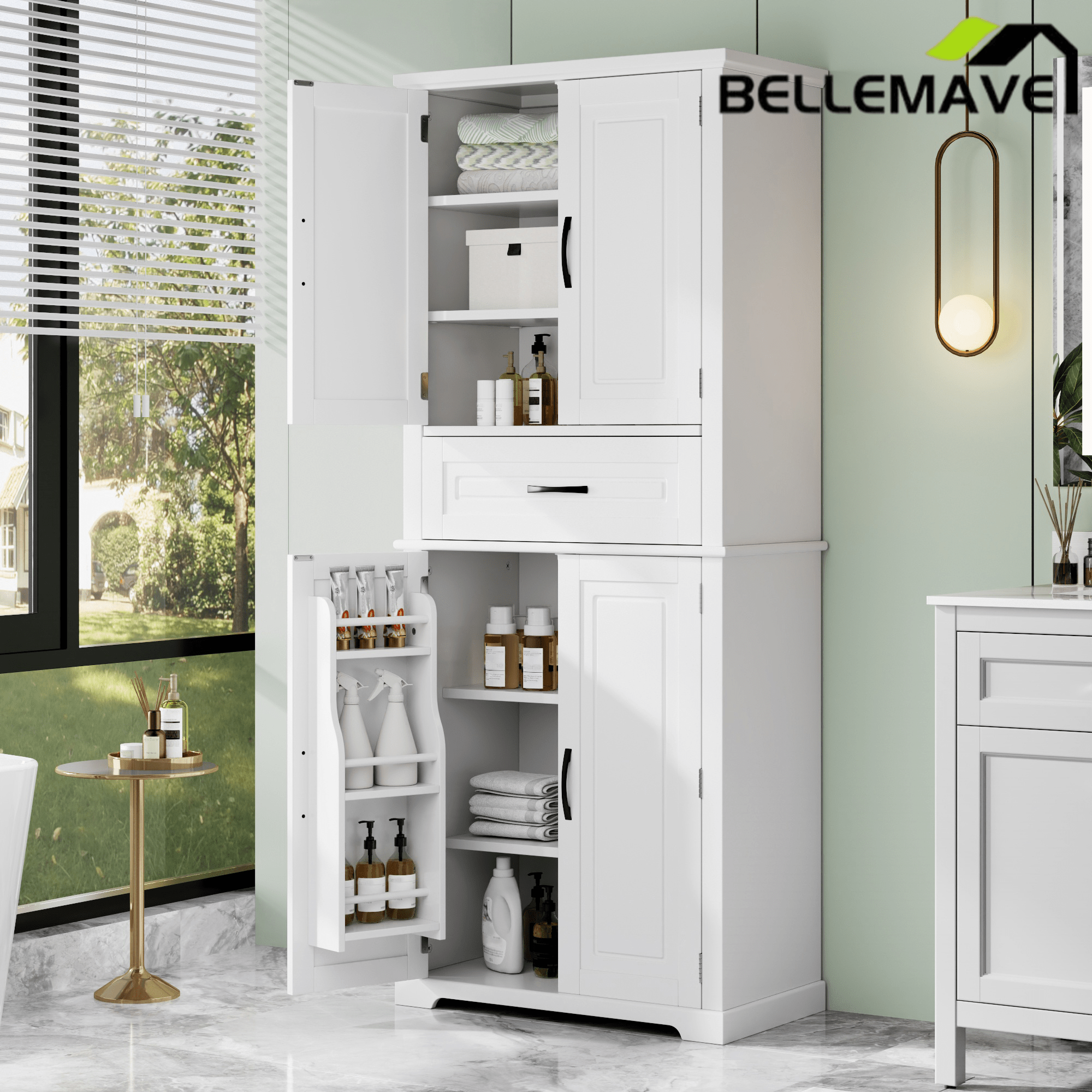 Bellemave® Bathroom Storage Cabinet with 4 Doors, 3 - Tier Racks on Down Doors & Storage Drawer for Bathroom, Living Room & Apartment - Bellemave