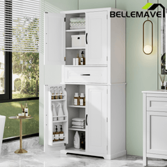 Bellemave® Bathroom Storage Cabinet with 4 Doors, 3 - Tier Racks on Down Doors & Storage Drawer for Bathroom, Living Room & Apartment - Bellemave