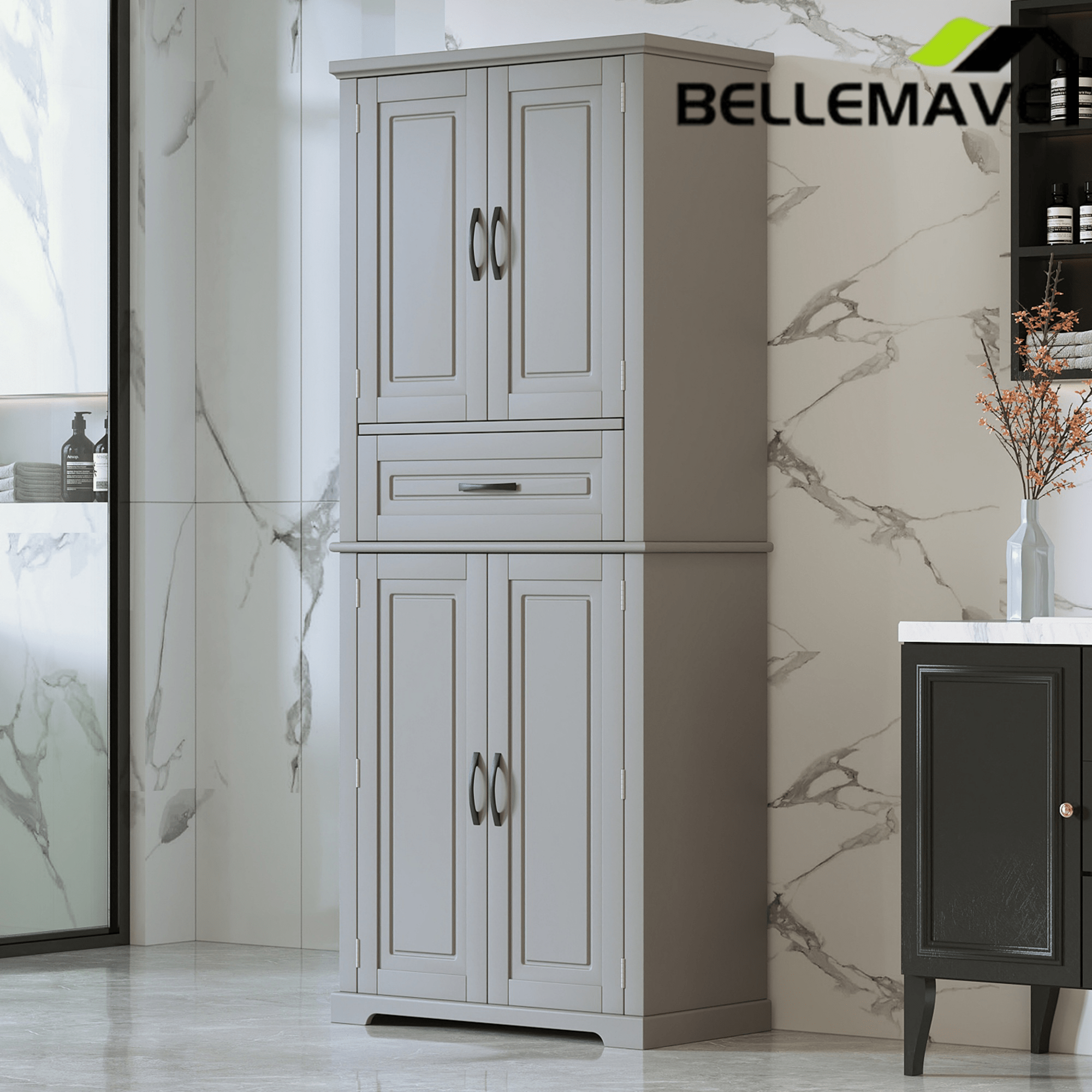 Bellemave® Bathroom Storage Cabinet with 4 Doors, 3 - Tier Racks on Down Doors & Storage Drawer for Bathroom, Living Room & Apartment - Bellemave