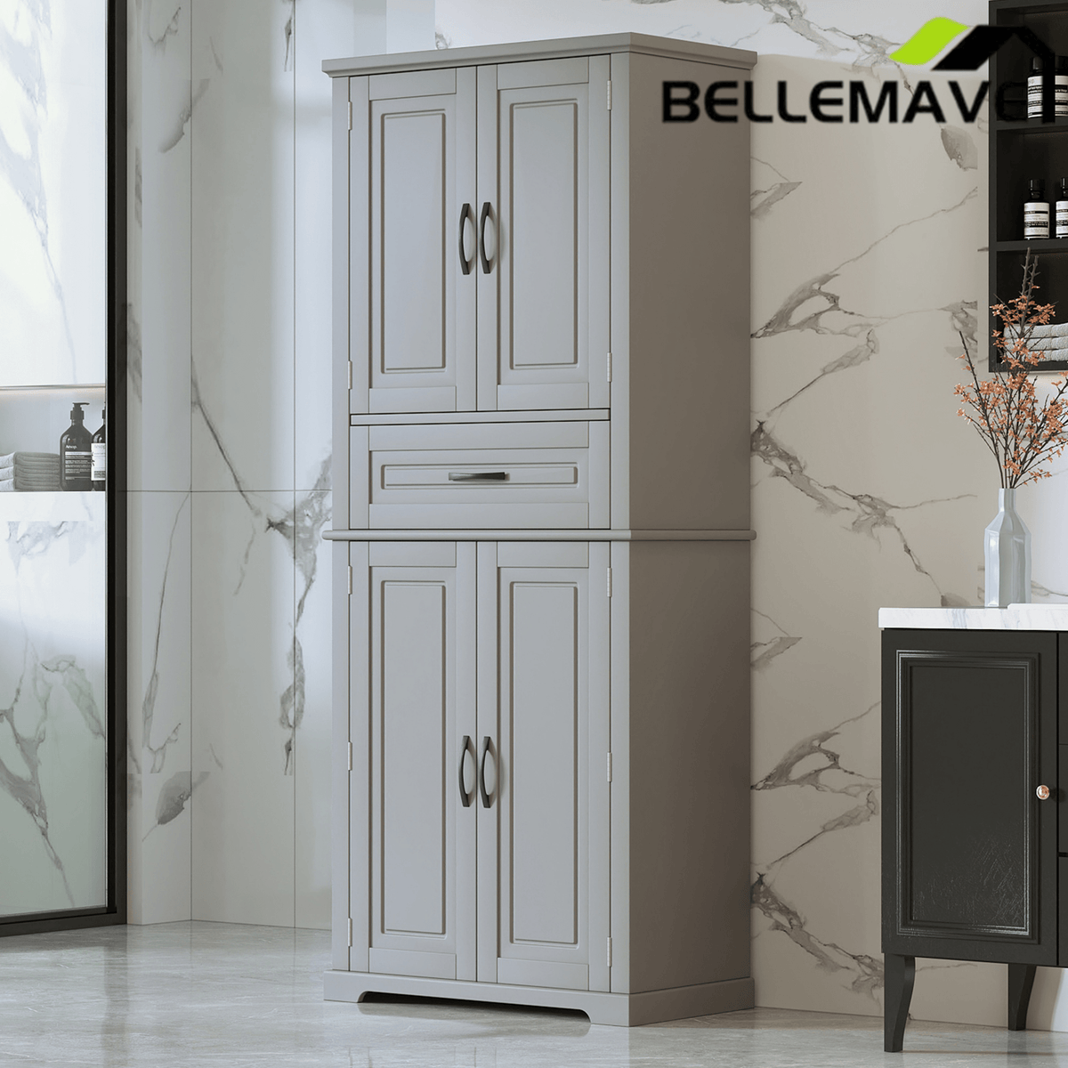 Bellemave® Bathroom Storage Cabinet with 4 Doors, 3 - Tier Racks on Down Doors & Storage Drawer for Bathroom, Living Room & Apartment - Bellemave