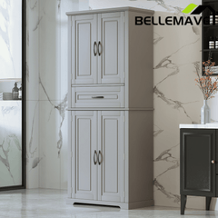 Bellemave® Bathroom Storage Cabinet with 4 Doors, 3 - Tier Racks on Down Doors & Storage Drawer for Bathroom, Living Room & Apartment - Bellemave