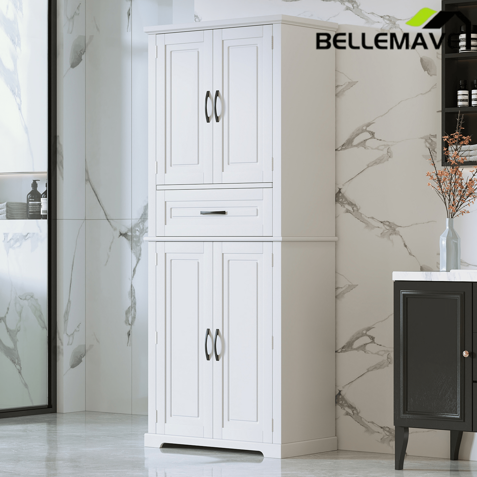 Bellemave® Bathroom Storage Cabinet with 4 Doors, 3 - Tier Racks on Down Doors & Storage Drawer for Bathroom, Living Room & Apartment - Bellemave