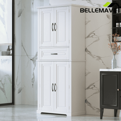 Bellemave® Bathroom Storage Cabinet with 4 Doors, 3 - Tier Racks on Down Doors & Storage Drawer for Bathroom, Living Room & Apartment - Bellemave
